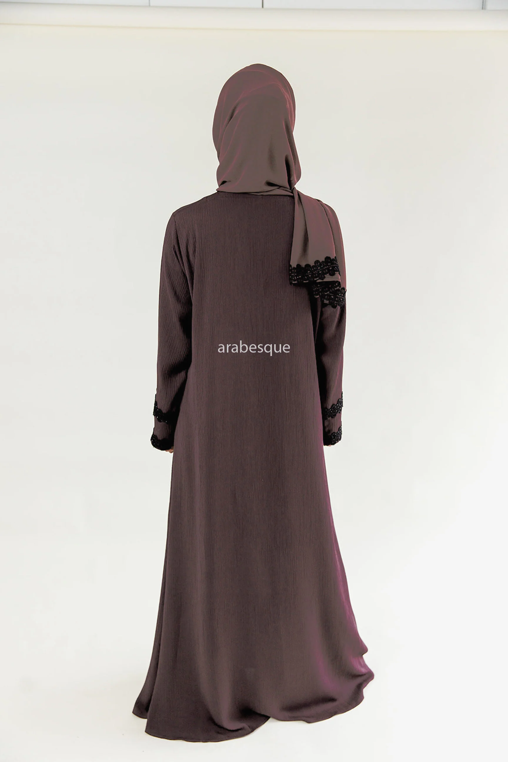 Dark Mink Closed Abaya – Textured Umbrella Cut Design with Lace Detail - Image 3