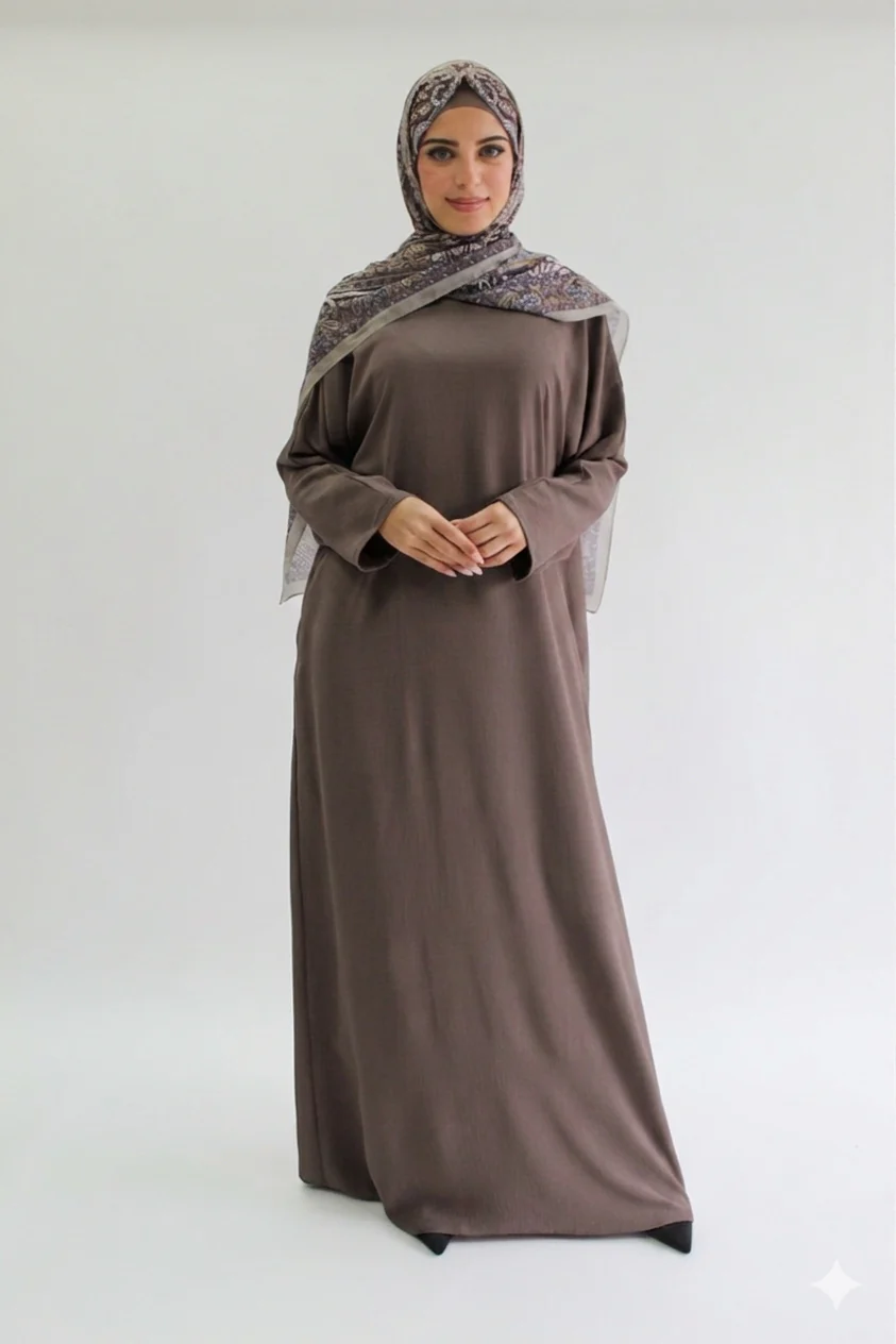 Dark Mink Closed Abaya - Crushed Polyester with Pocket