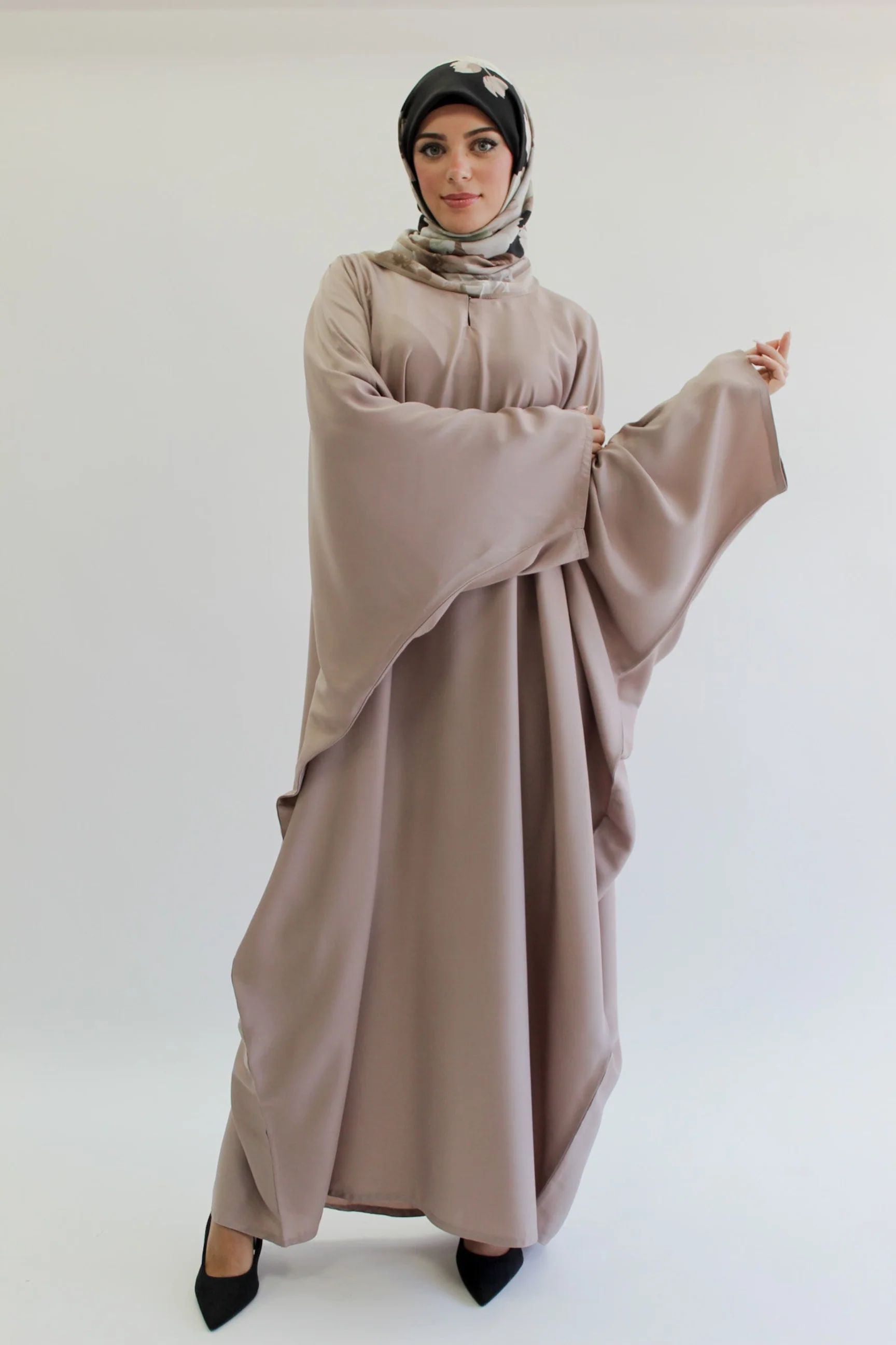Dark Nude Closed Abaya – Ripple Satin Polyester Batwing Design - Image 3