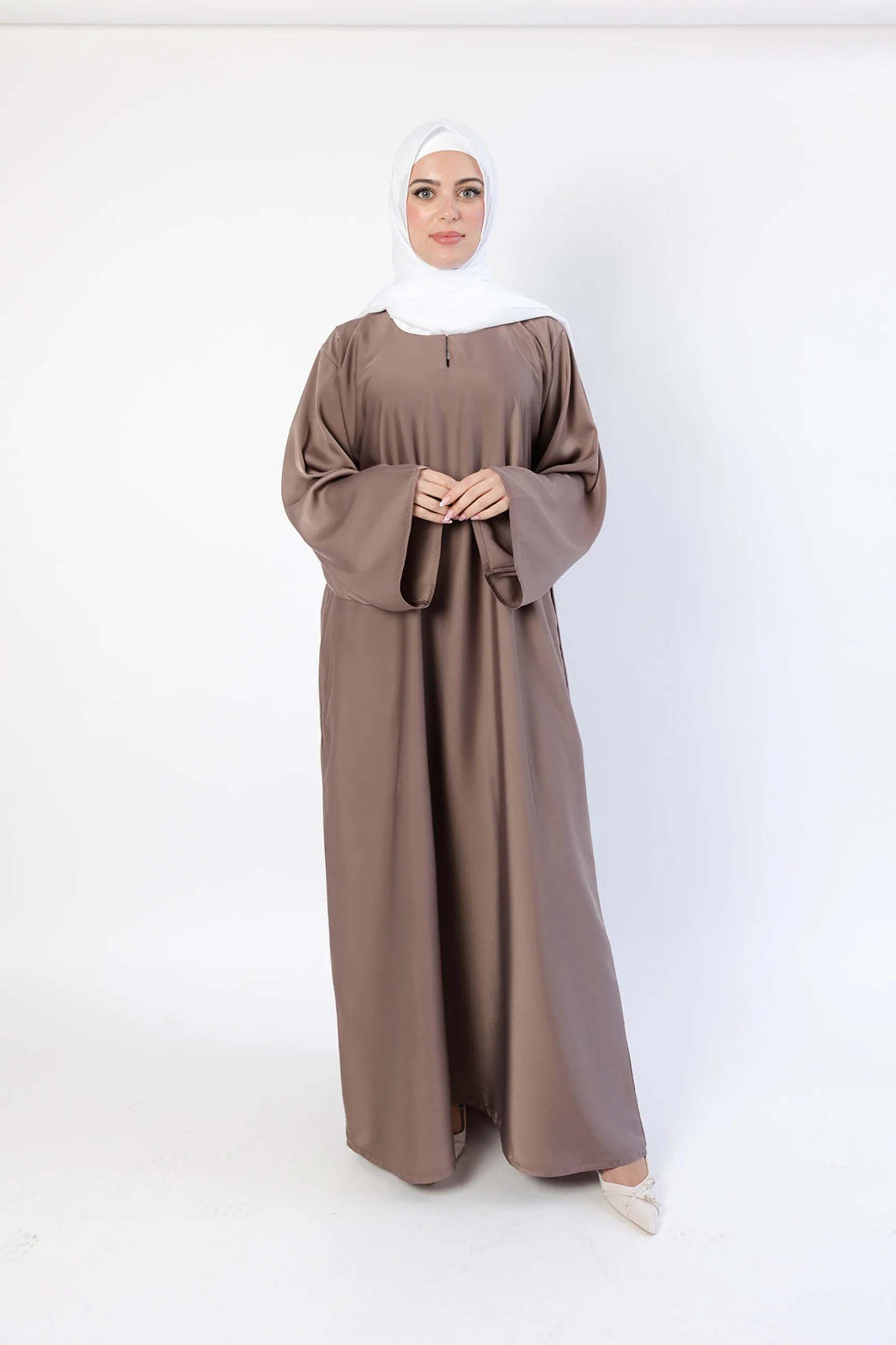 Dark Nude Closed Abaya – Ripple Satin Fabric with Pocket