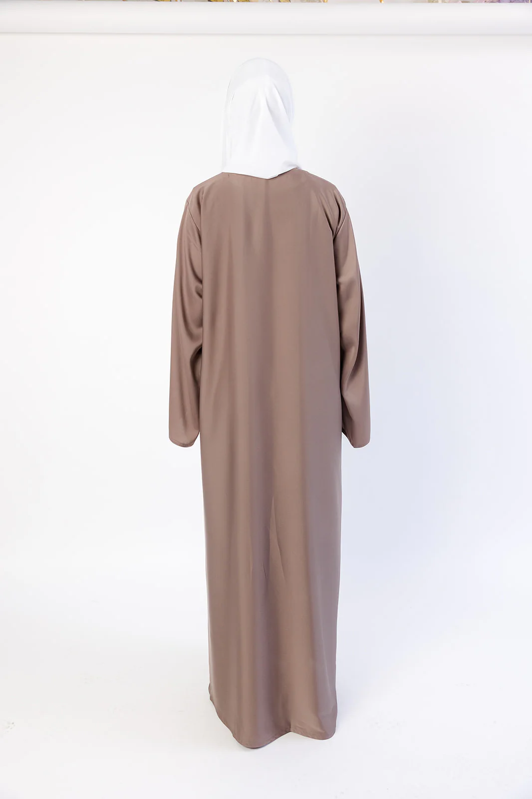 Dark Nude Closed Abaya – Ripple Satin Fabric with Pocket - Image 5