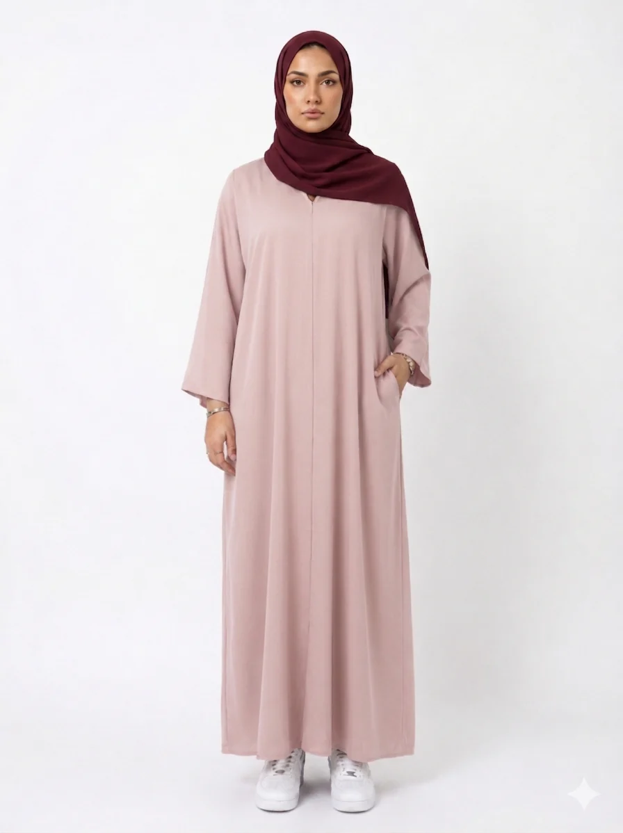 Dark Nude Open Abaya - Ripple Satin Fabric with Pocket