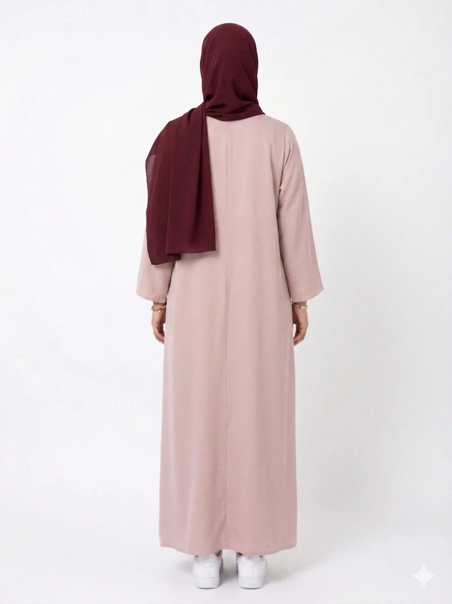 Dark Nude Open Abaya - Ripple Satin Fabric with Pocket - Image 2