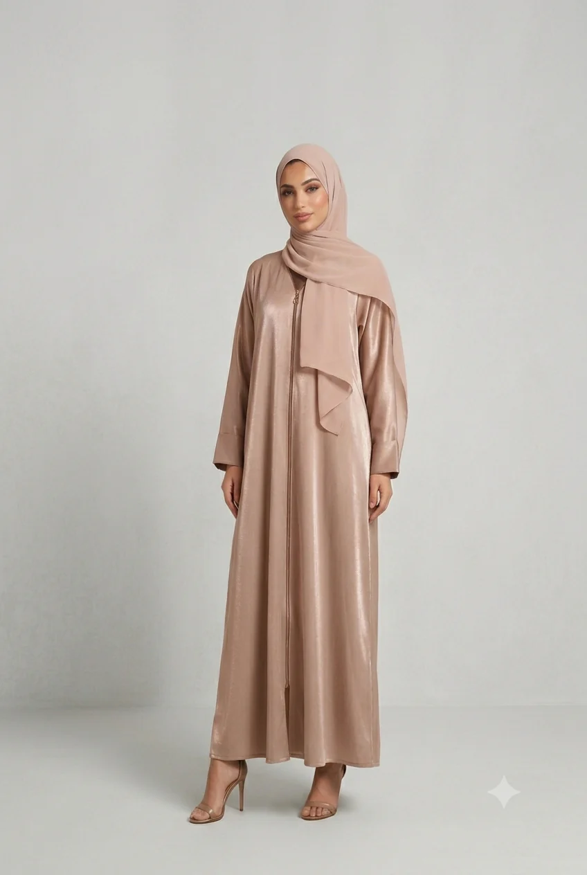 Dark Nude Zip Abaya – Plain Design With Rose Gold Zip