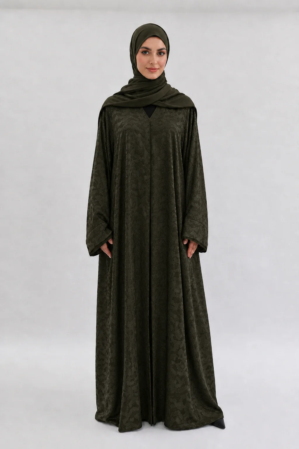 Dark Olive Jacquard Open Abaya – Abstract Design