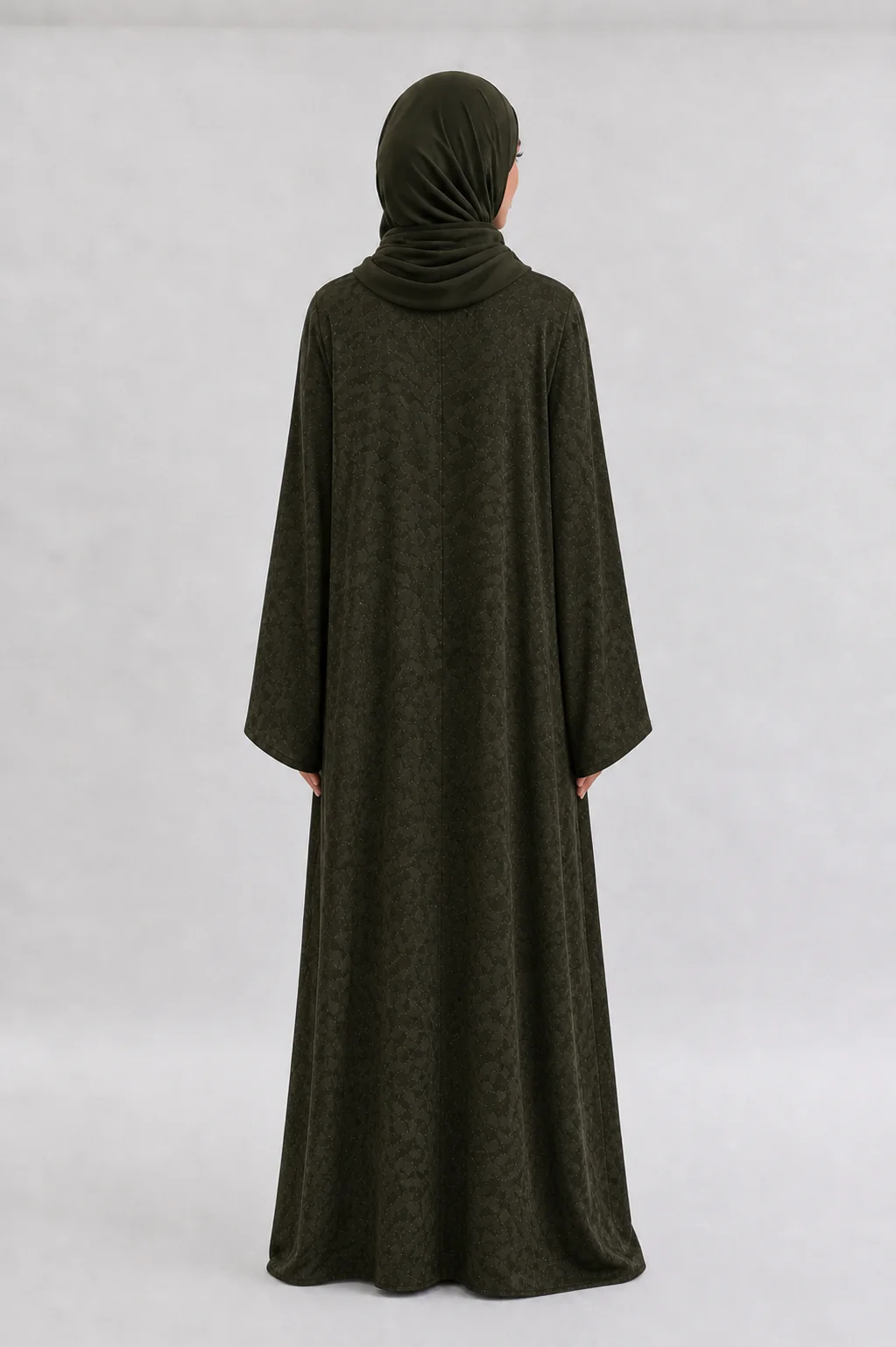 Dark Olive Jacquard Open Abaya – Abstract Design - Image 2