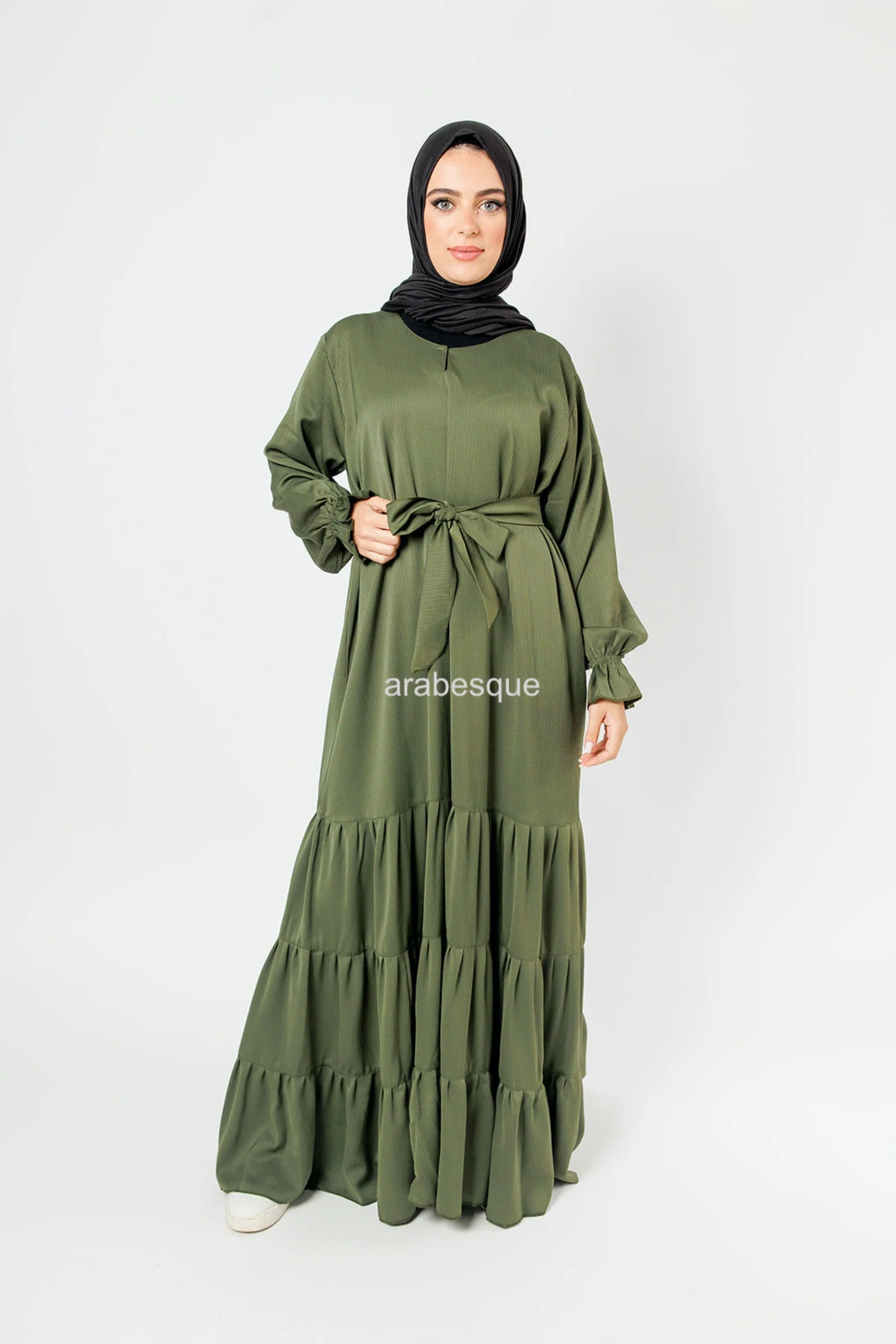 Dark Olive Tiered Closed Abaya – Textured Fabric, Belted with Cuffed Sleeves