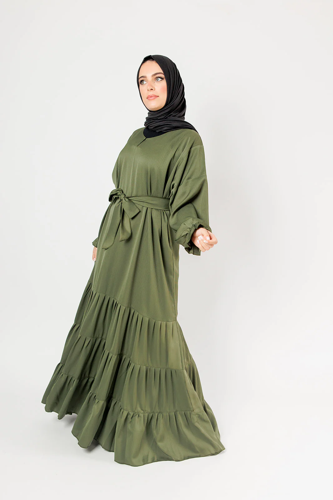 Dark Olive Tiered Closed Abaya – Textured Fabric, Belted with Cuffed Sleeves - Image 3