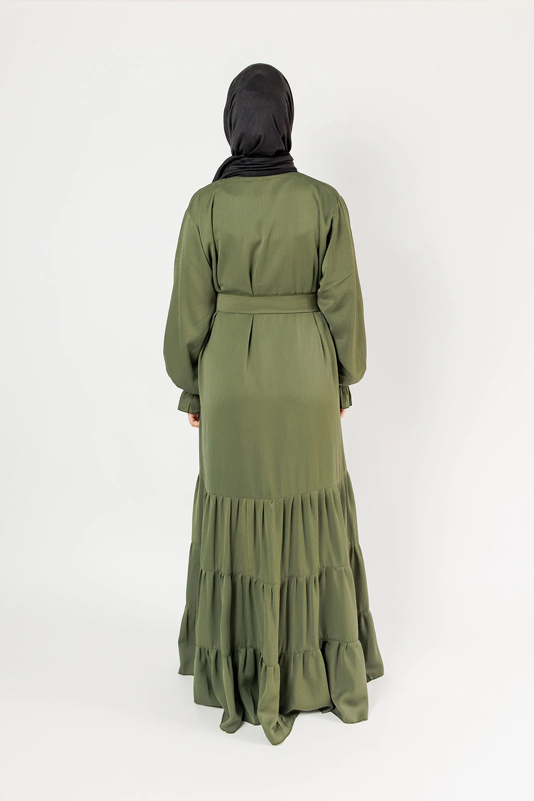 Dark Olive Tiered Closed Abaya – Textured Fabric, Belted with Cuffed Sleeves - Image 4