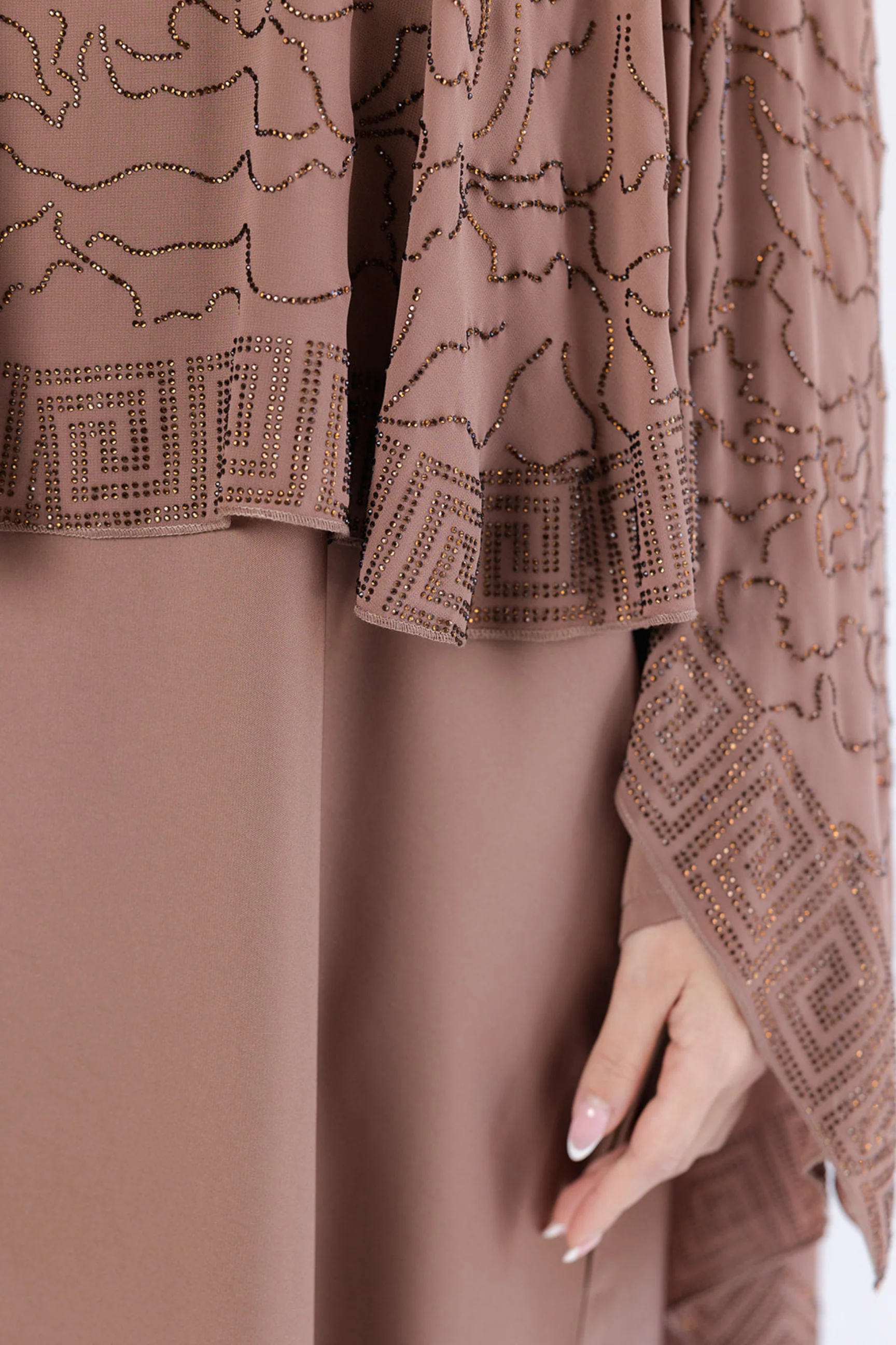 Dark Taupe Closed Abaya - Chiffon Cape Design with Abstract Pattern & Diamante Embellishment - Image 2
