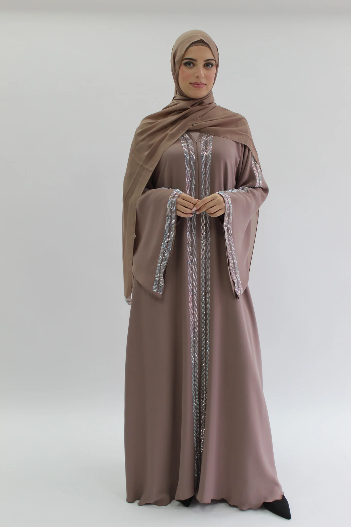 Dark Taupe Crystal Stone Embellished Open Abaya