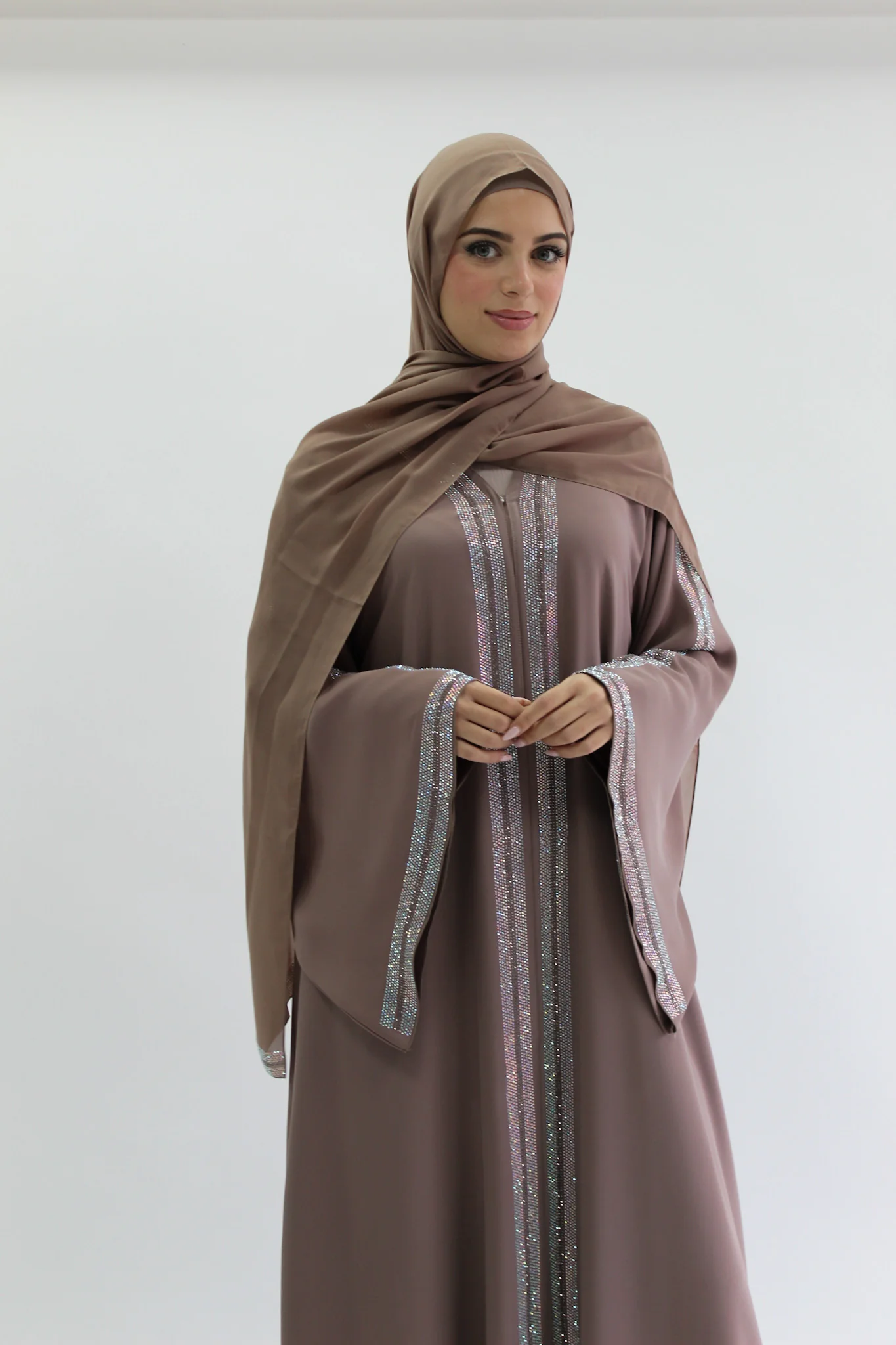 Dark Taupe Crystal Stone Embellished Open Abaya - Image 2
