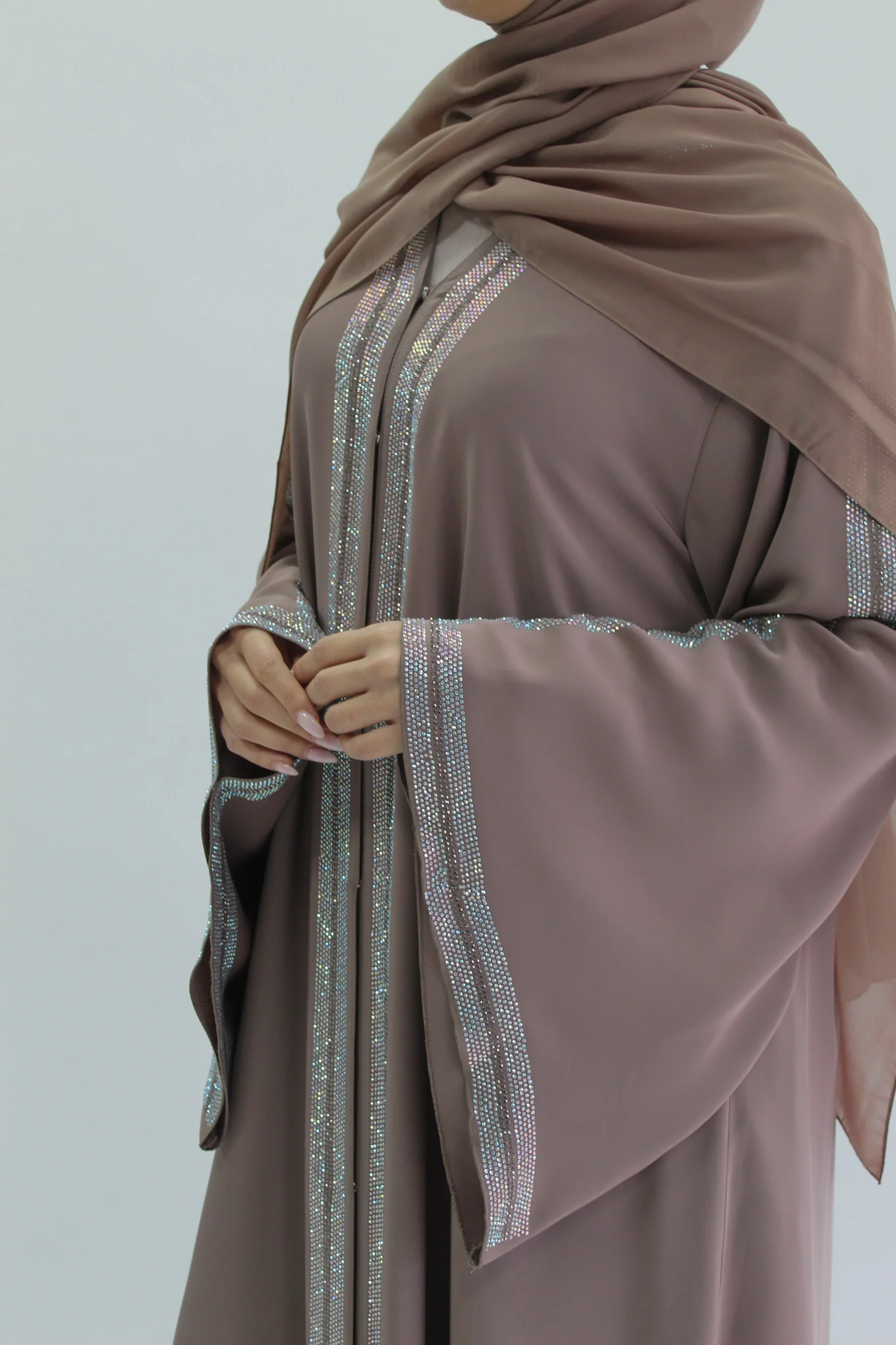 Dark Taupe Crystal Stone Embellished Open Abaya - Image 3