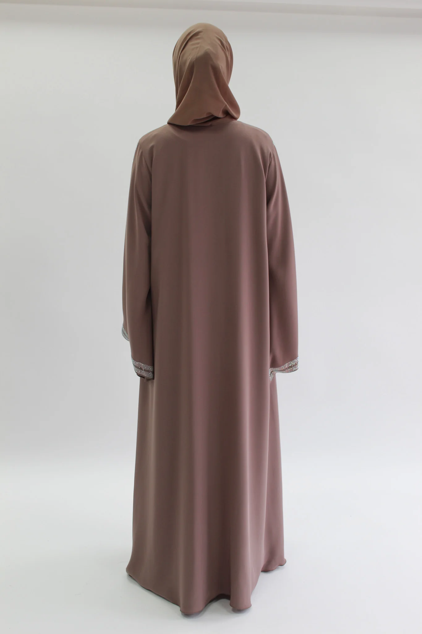 Dark Taupe Crystal Stone Embellished Open Abaya - Image 4
