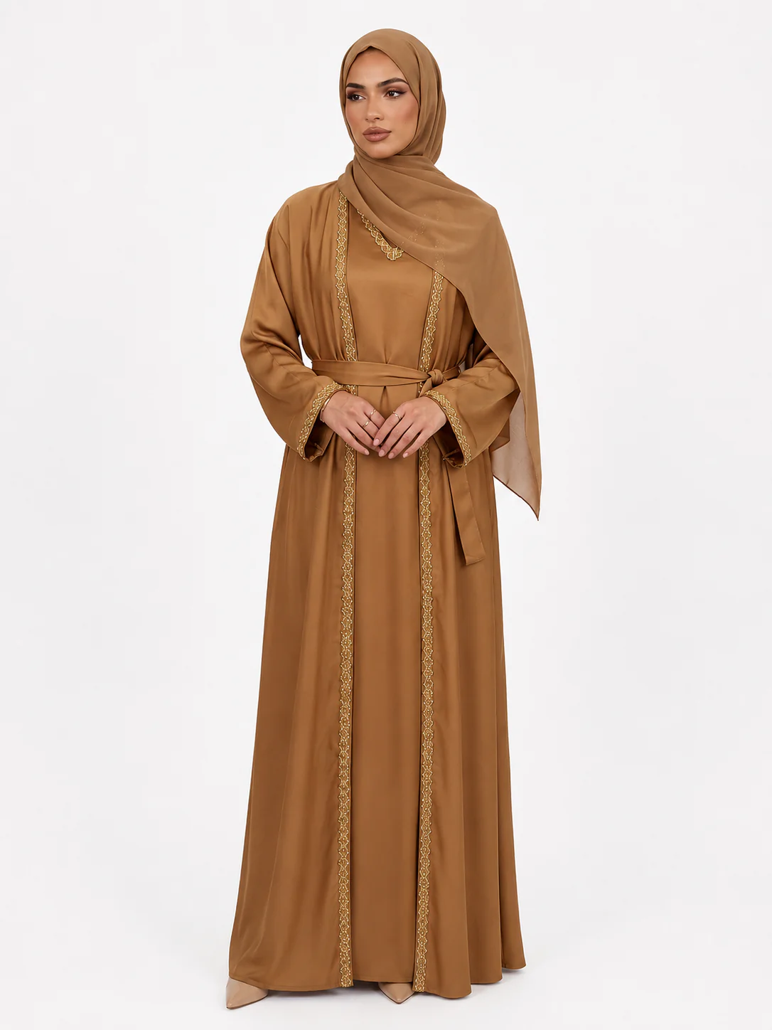 Desert Brown Two piece Open Abaya -Gold Embellishment