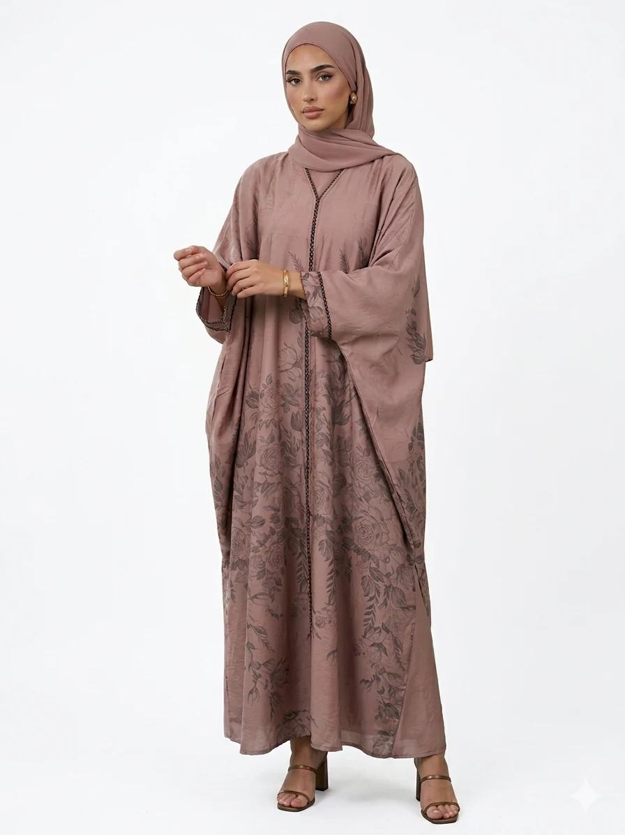 Dusty Rose Open Abaya – Luxurious Rose Patterned Batwing Design