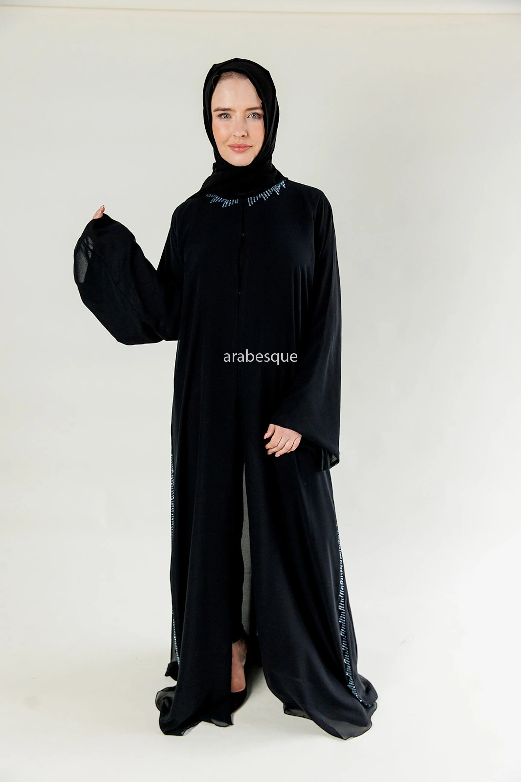 Black Open Abaya - Chiffon with Blue Stitched Glass Beads