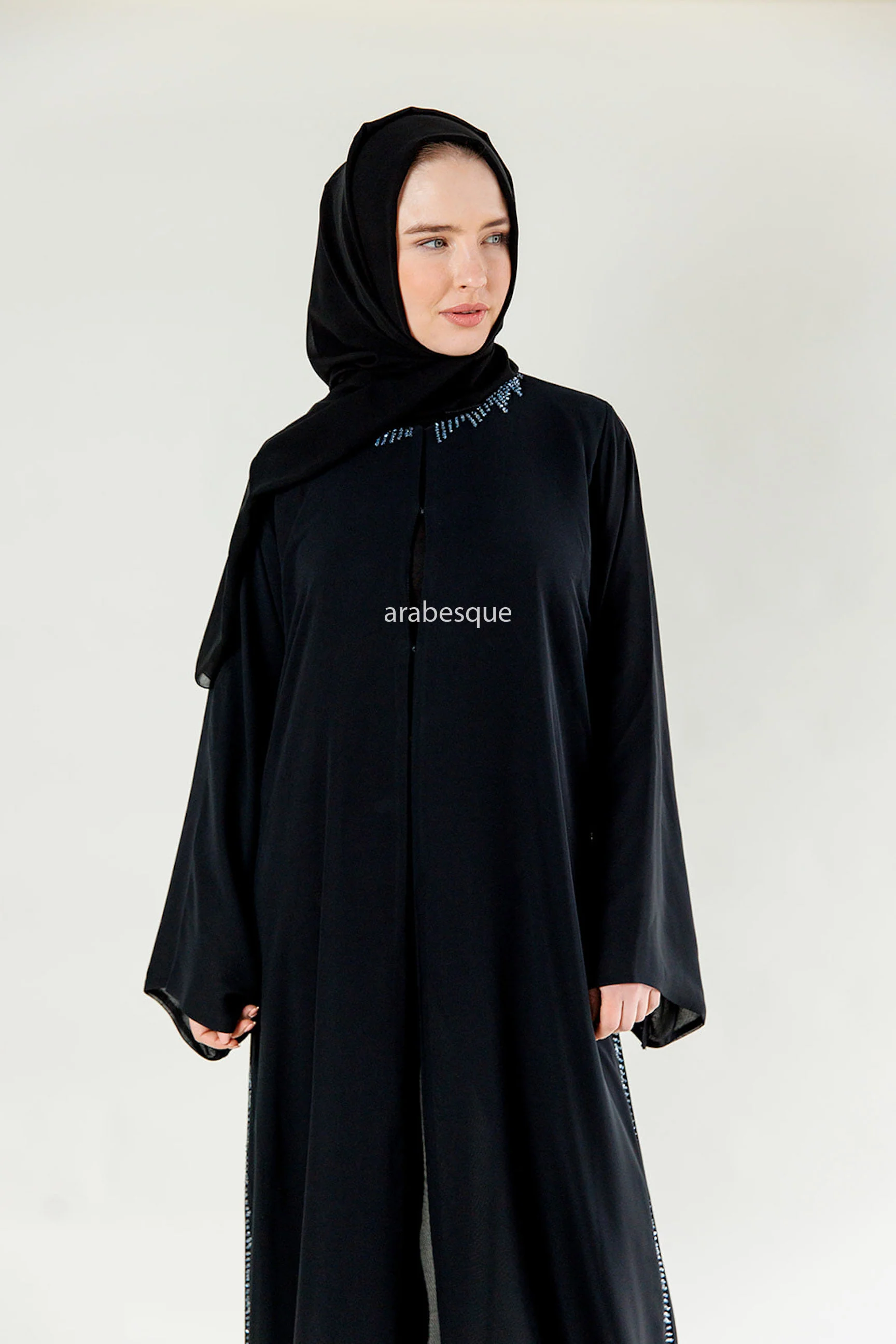 Black Open Abaya - Chiffon with Blue Stitched Glass Beads - Image 5