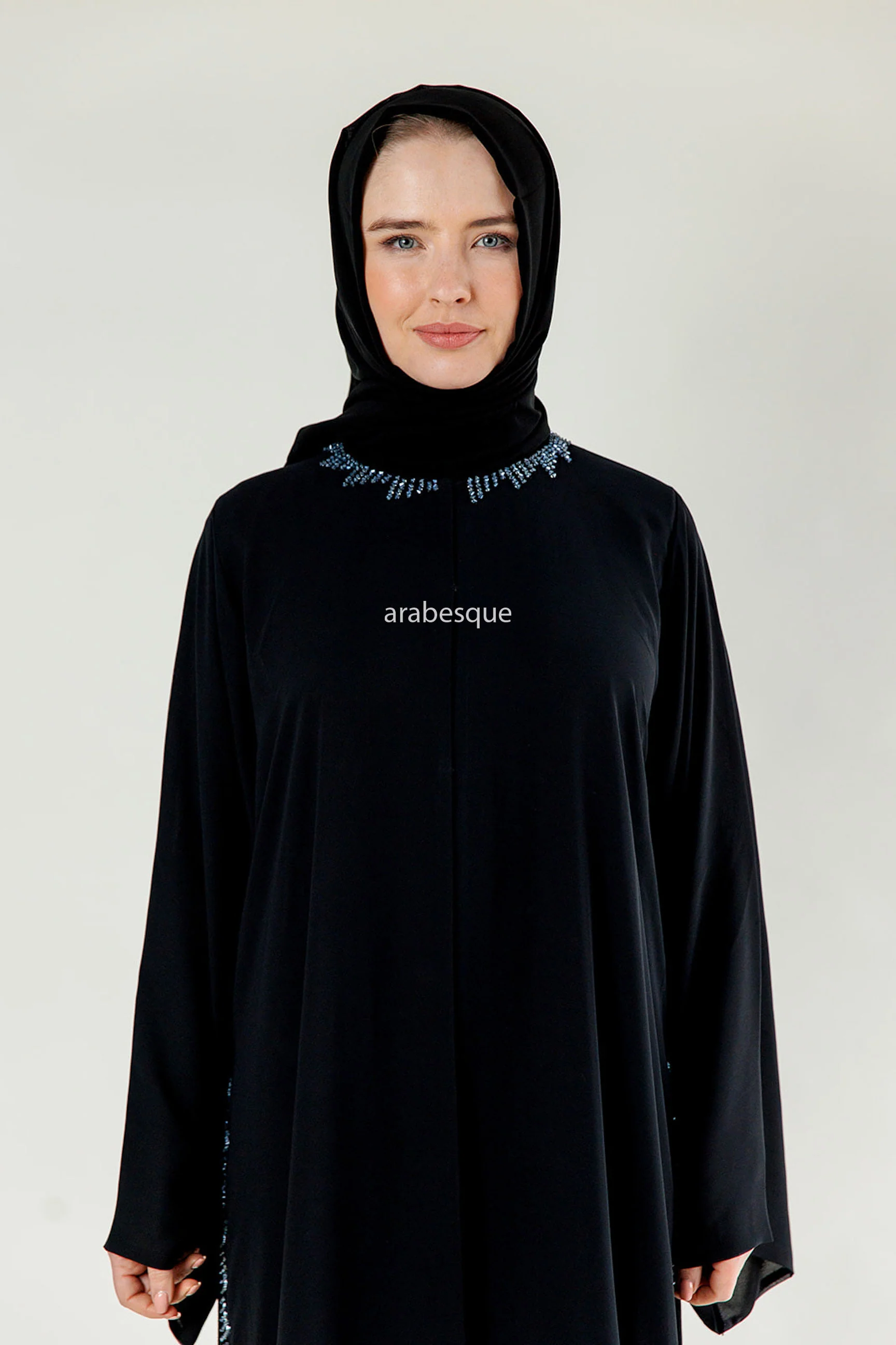 Black Open Abaya - Chiffon with Blue Stitched Glass Beads - Image 6