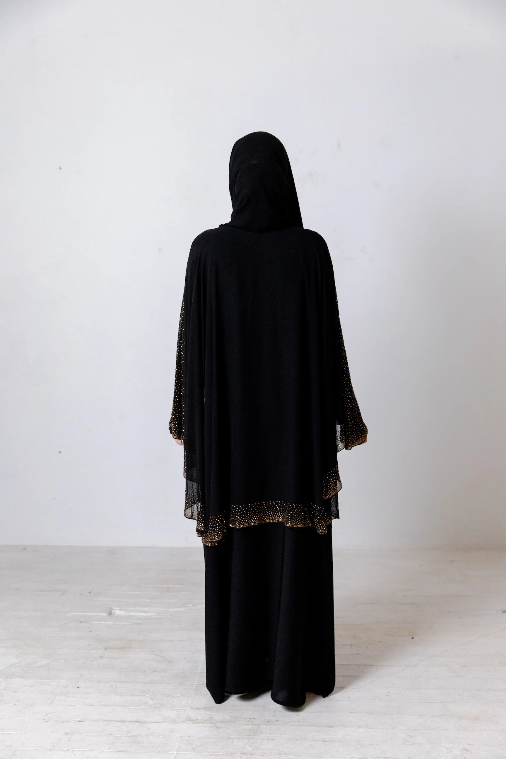 Black Closed Cape Abaya – Luxury Chiffon Design with Gold Stonework - Image 5