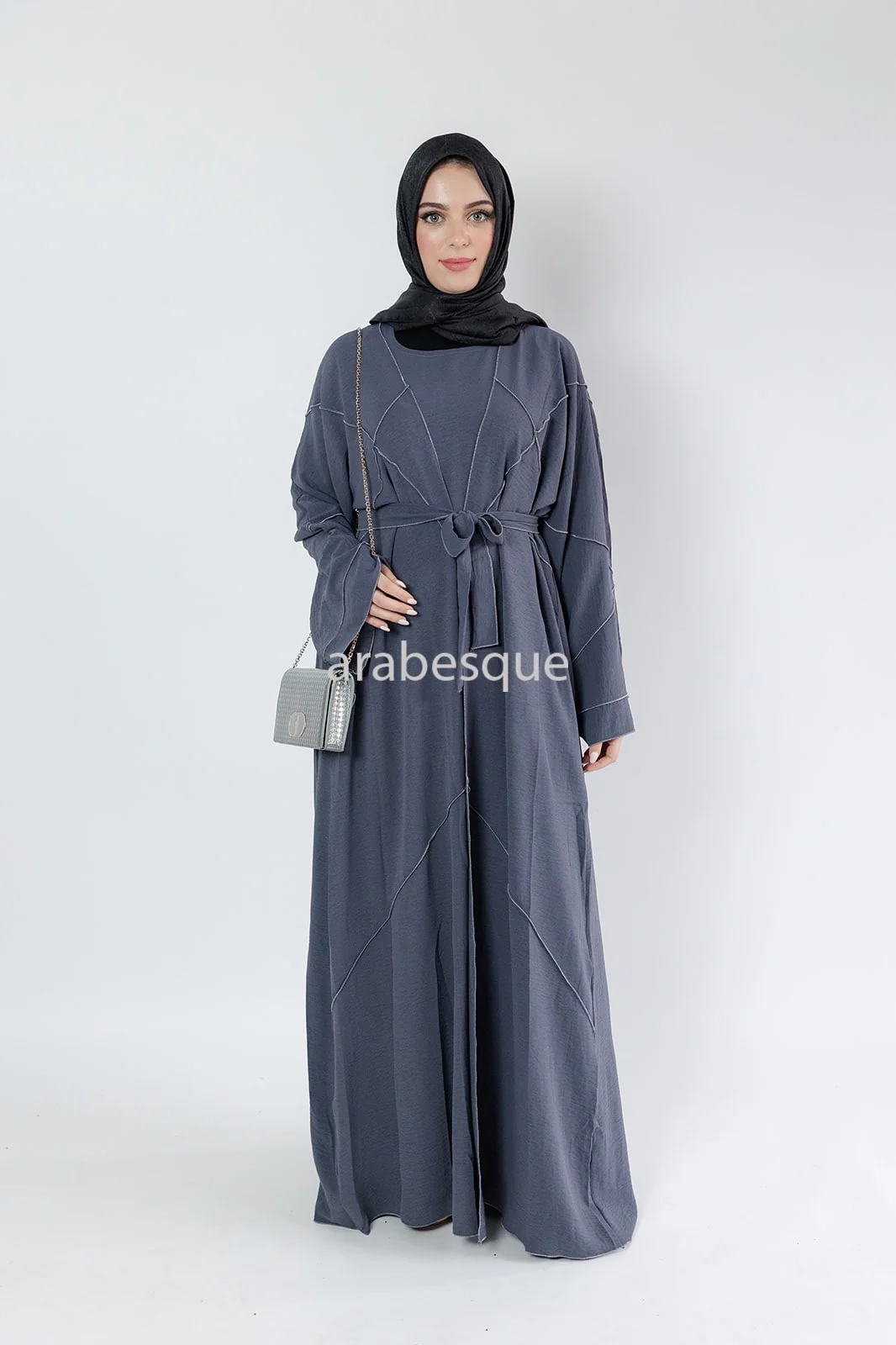 Grey Open Abaya Set – 4-Piece Crushed Polyester Design - Image 4