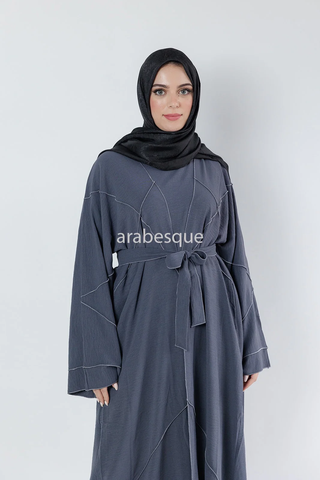 Grey Open Abaya Set – 4-Piece Crushed Polyester Design - Image 8