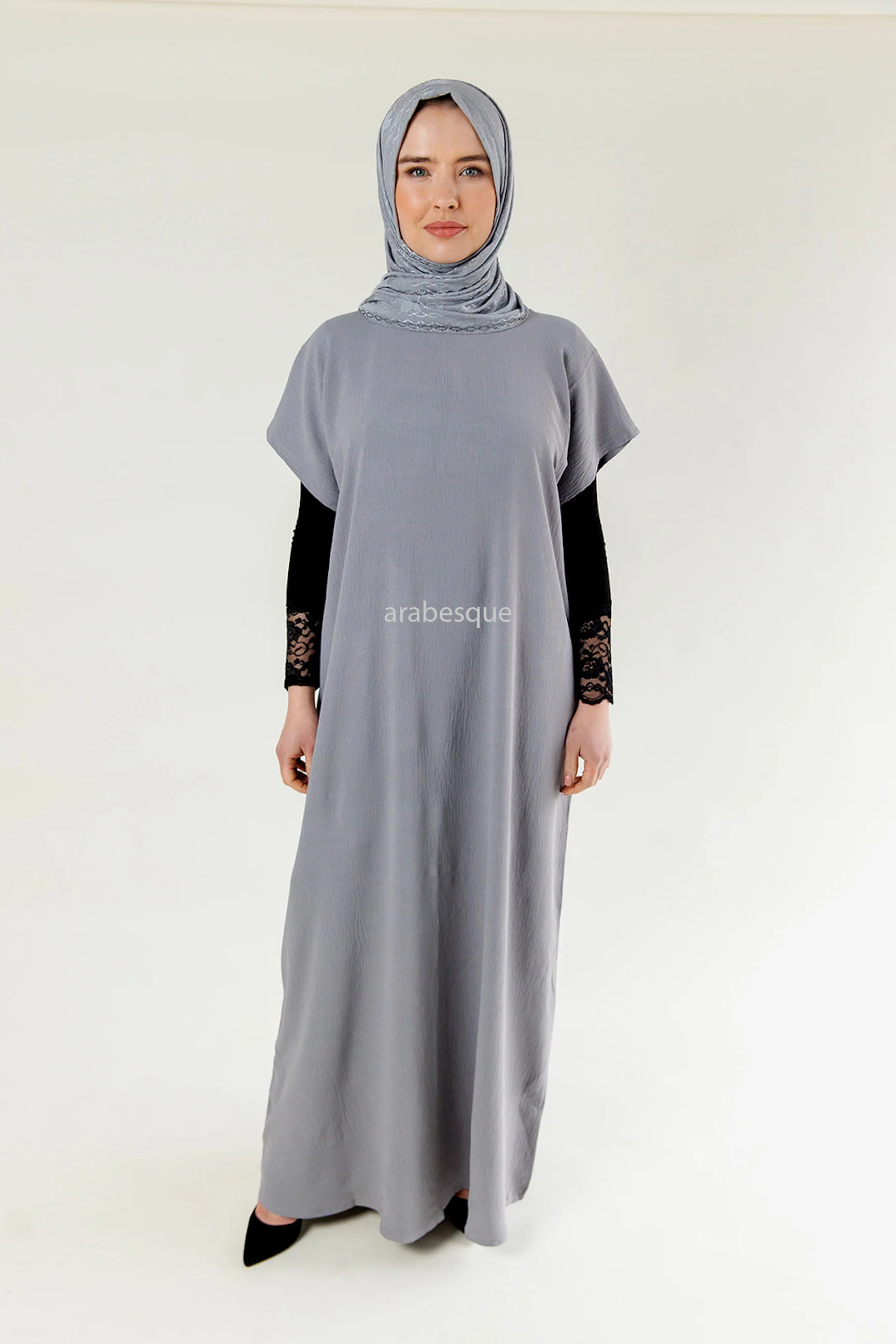 Grey Crushed Polyester Short Sleeved Dress