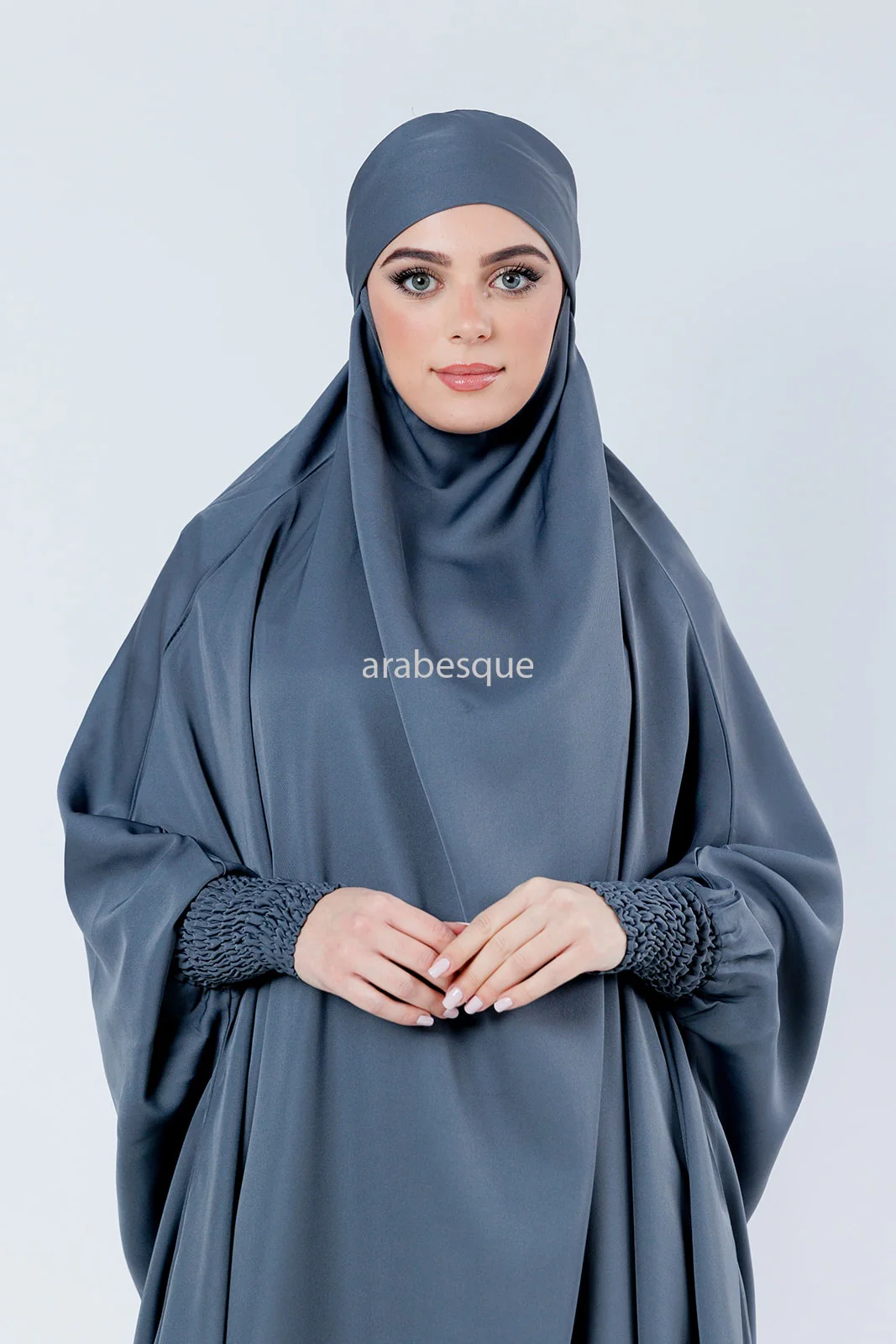 Grey Jilbab Abaya – One-Piece Design with Elastic Sleeves - Image 3