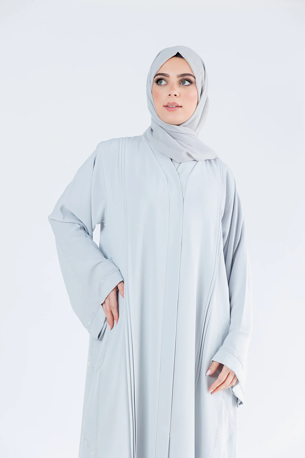 Grey Open Abaya – Luxury Nidha with Silver Diamante Embellishment and Pleated Detailing - Image 5