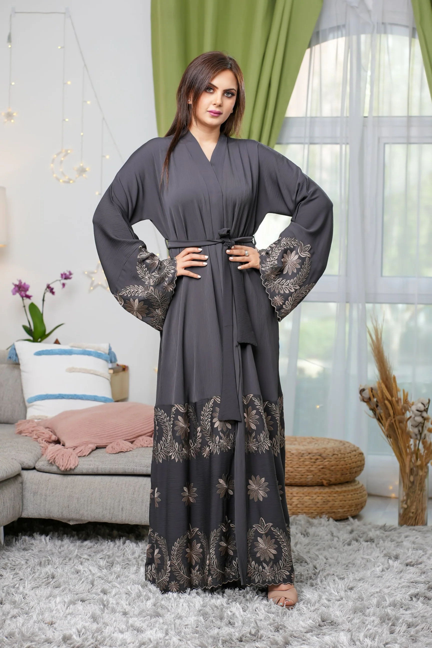 Grey Open Abaya – Luxury Ripple Fabric with Petal Embroidery & Belted Design