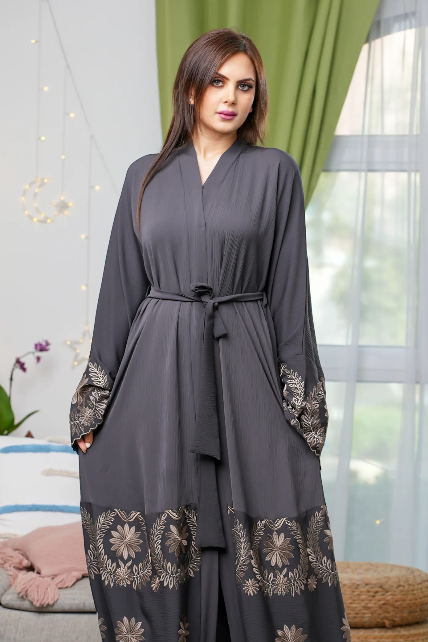 Grey Open Abaya – Luxury Ripple Fabric with Petal Embroidery & Belted Design - Image 3