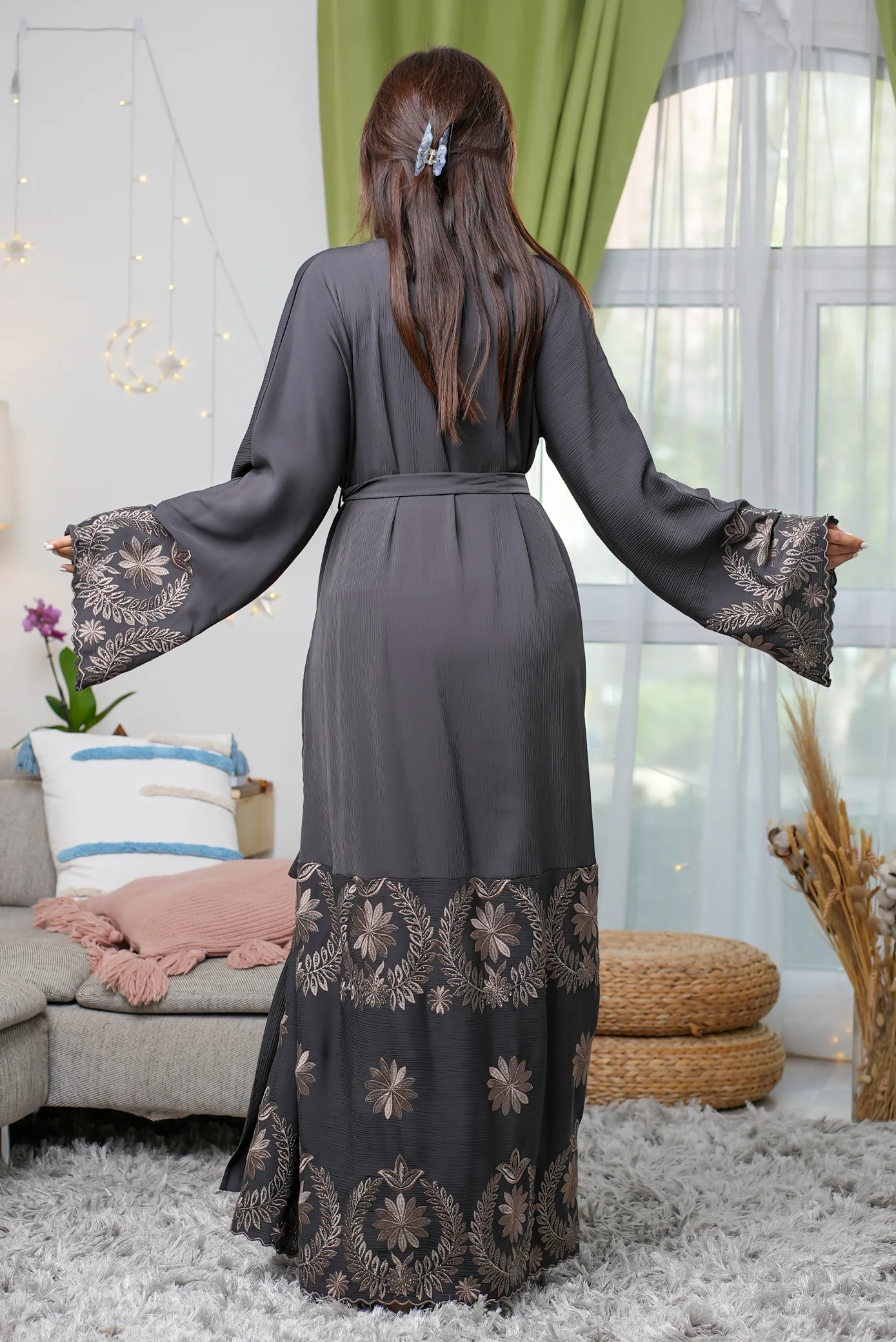 Grey Open Abaya – Luxury Ripple Fabric with Petal Embroidery & Belted Design - Image 4