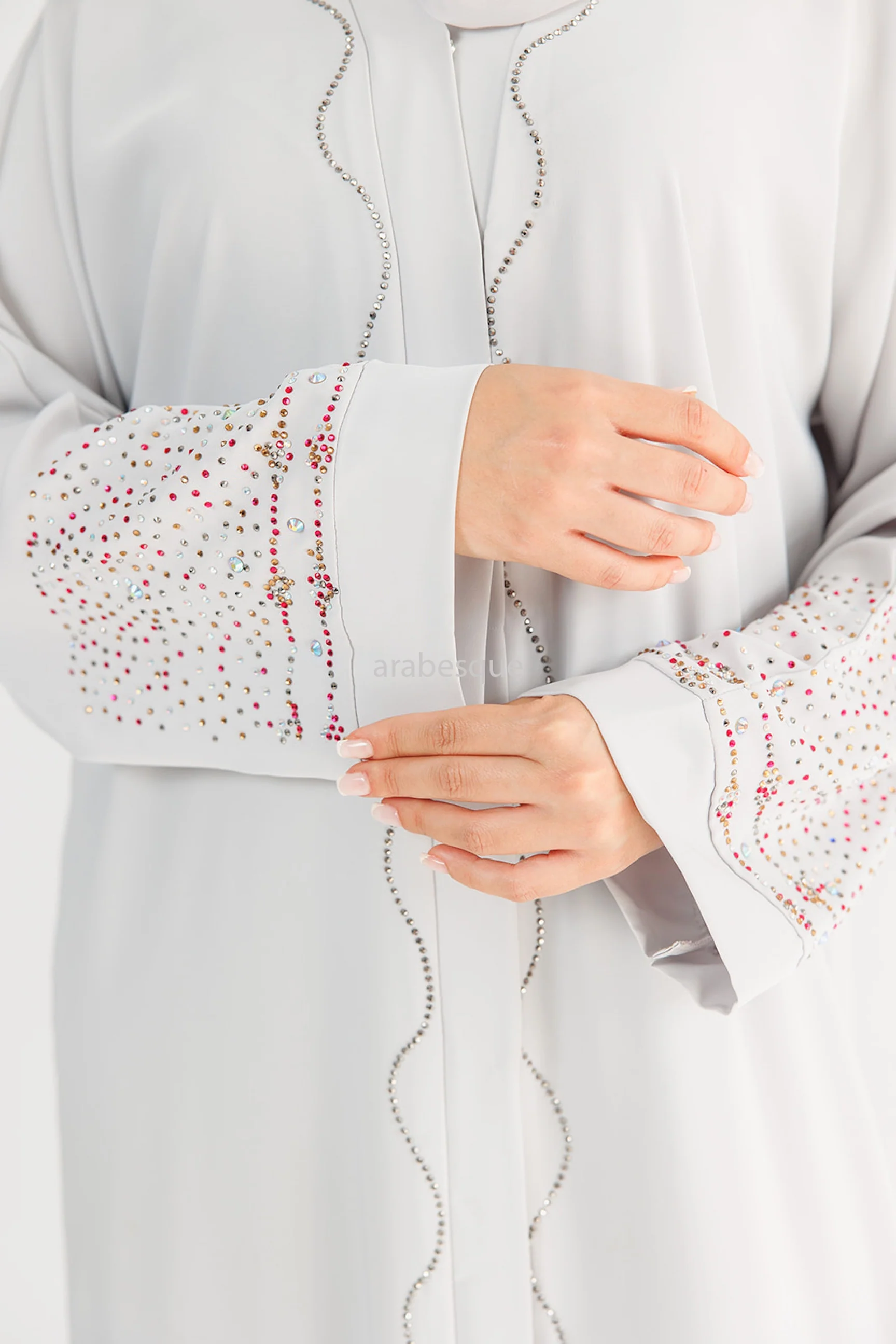 Grey Open Abaya – Luxury Nidha Fabric with Multicolour Crystal Detailing - Image 3