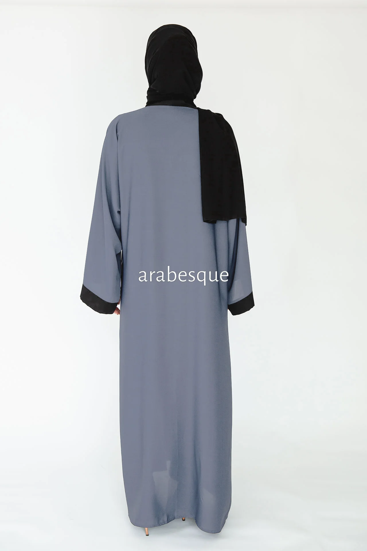 Grey Open Abaya – Premium Plain Nidha Design with Black Border - Image 3