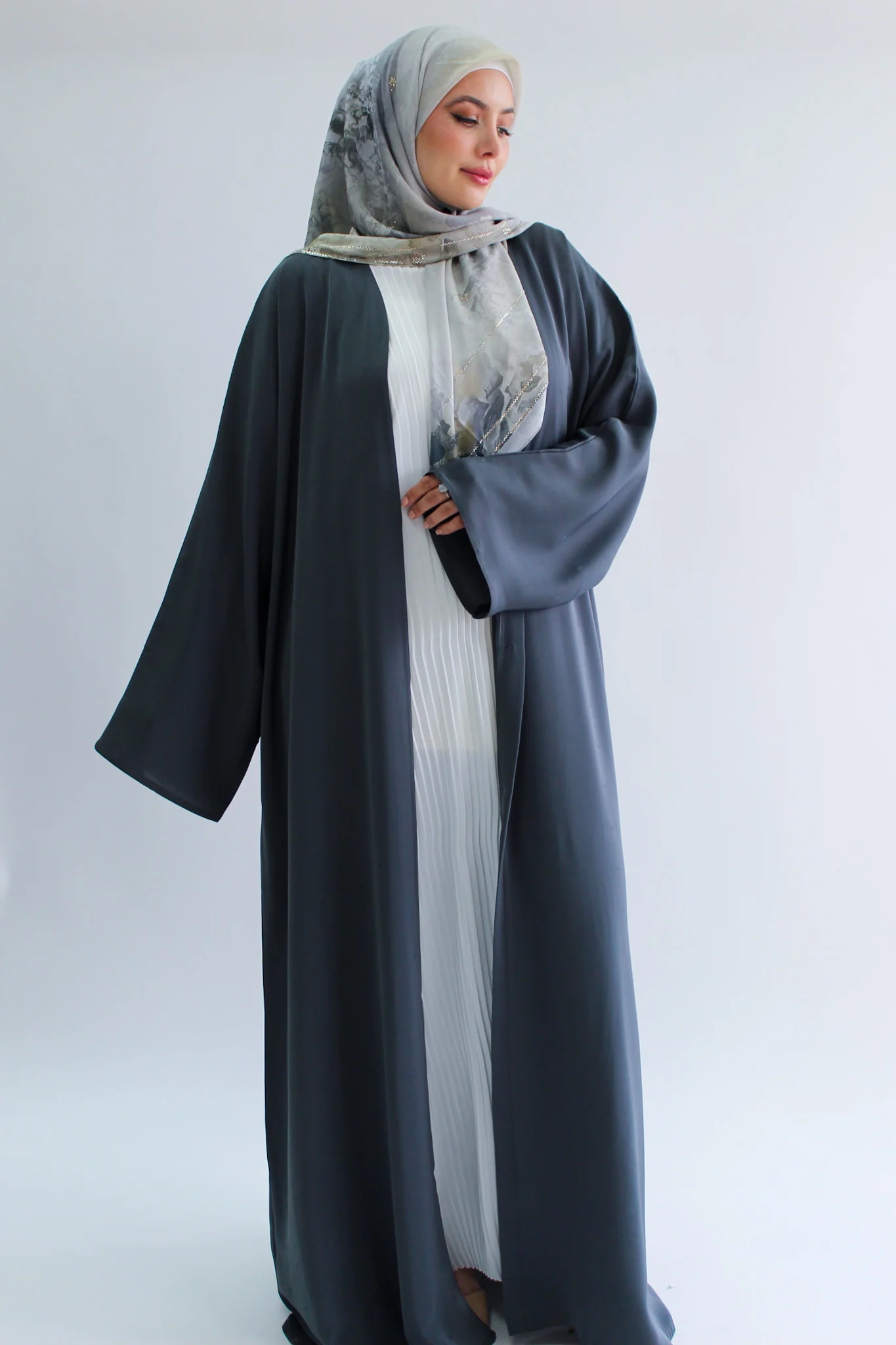 Grey Open Abaya - Premier Plain Design with Linear Texture and Pocket