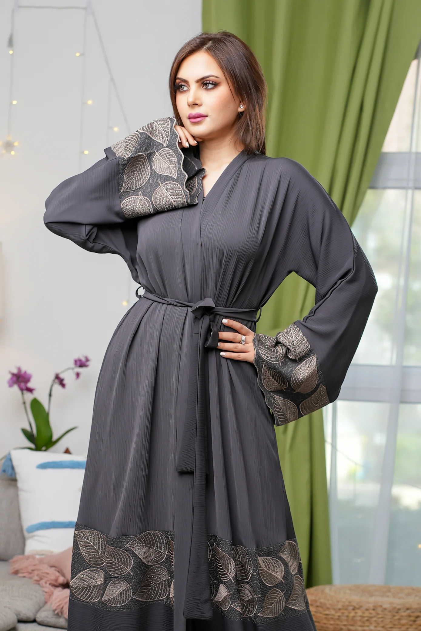 Grey Open Abaya - Premium Crinkle Fabric and Luxury Leaf Embroidery - Image 2