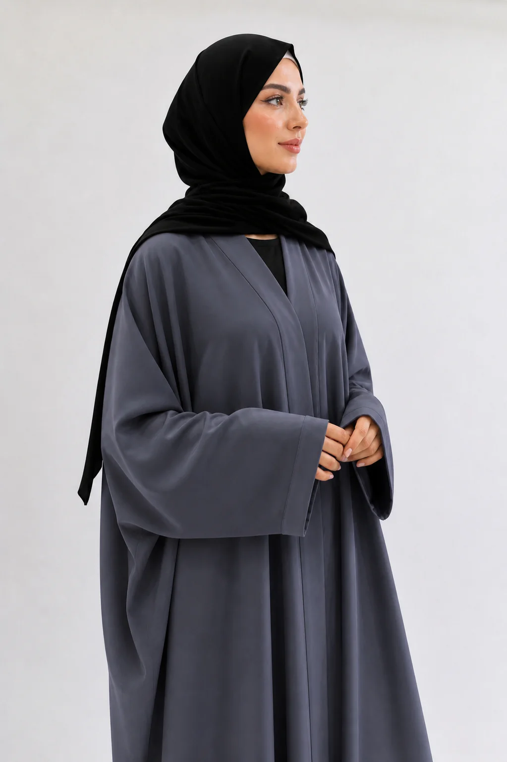 Grey Open Abaya – Ripple Satin Farasha Design - Image 2