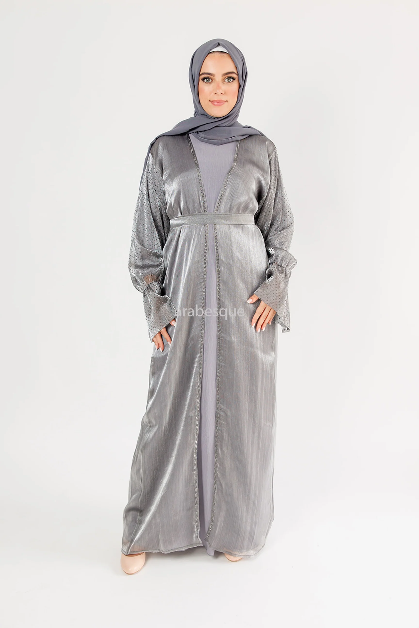 Grey Open Abaya - Organza 3 Pieces Set