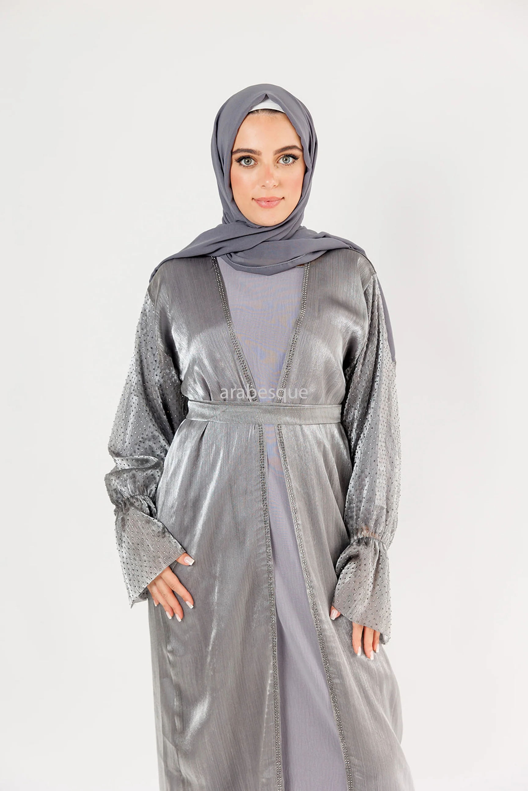 Grey Open Abaya - Organza 3 Pieces Set - Image 3