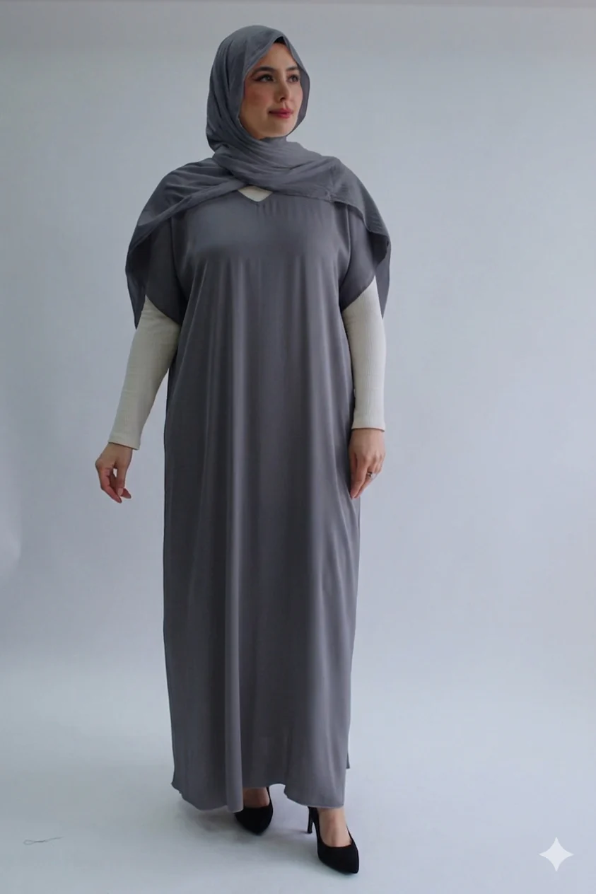 Grey Plain Short Sleeve Dress  - Silky Ripple Satin