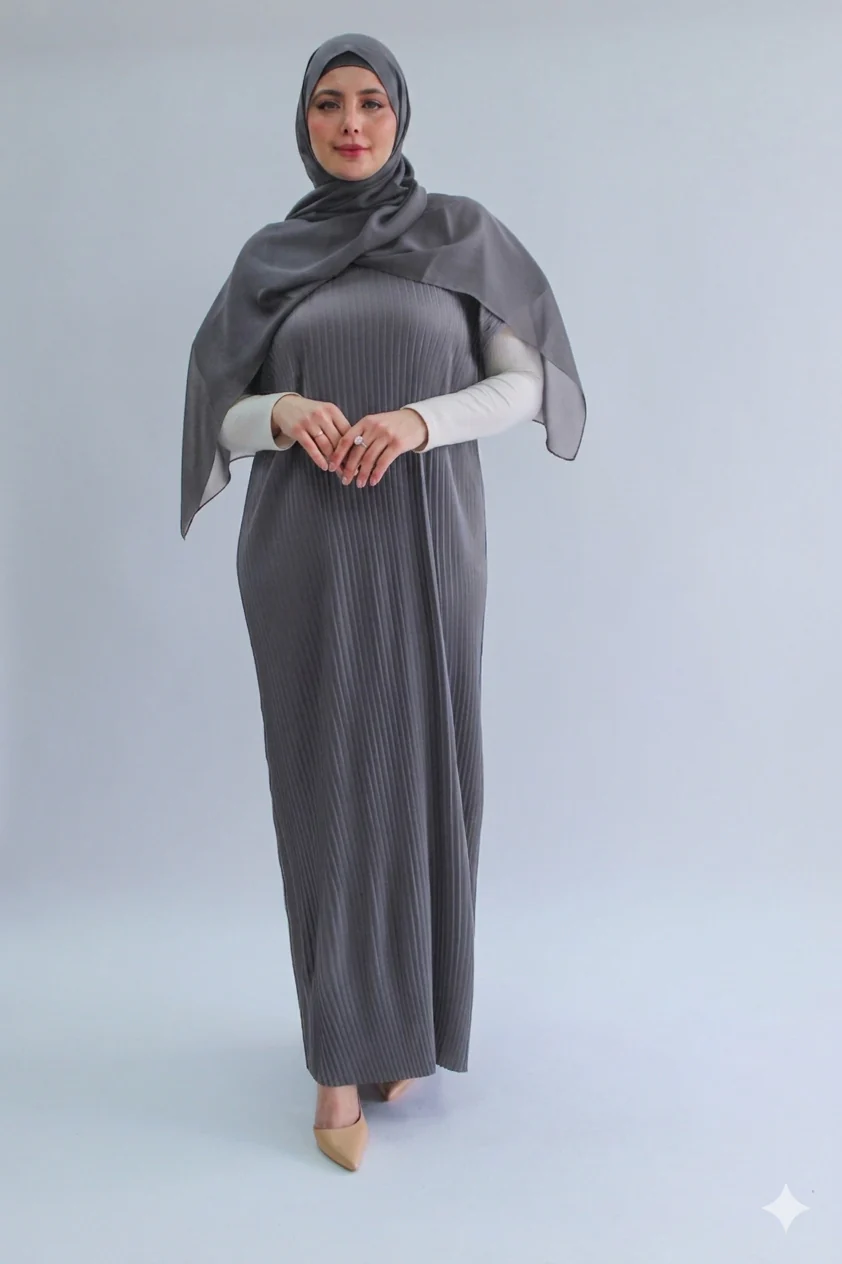Grey Pleated Short Sleeve Dress  - Silky Ripple Satin
