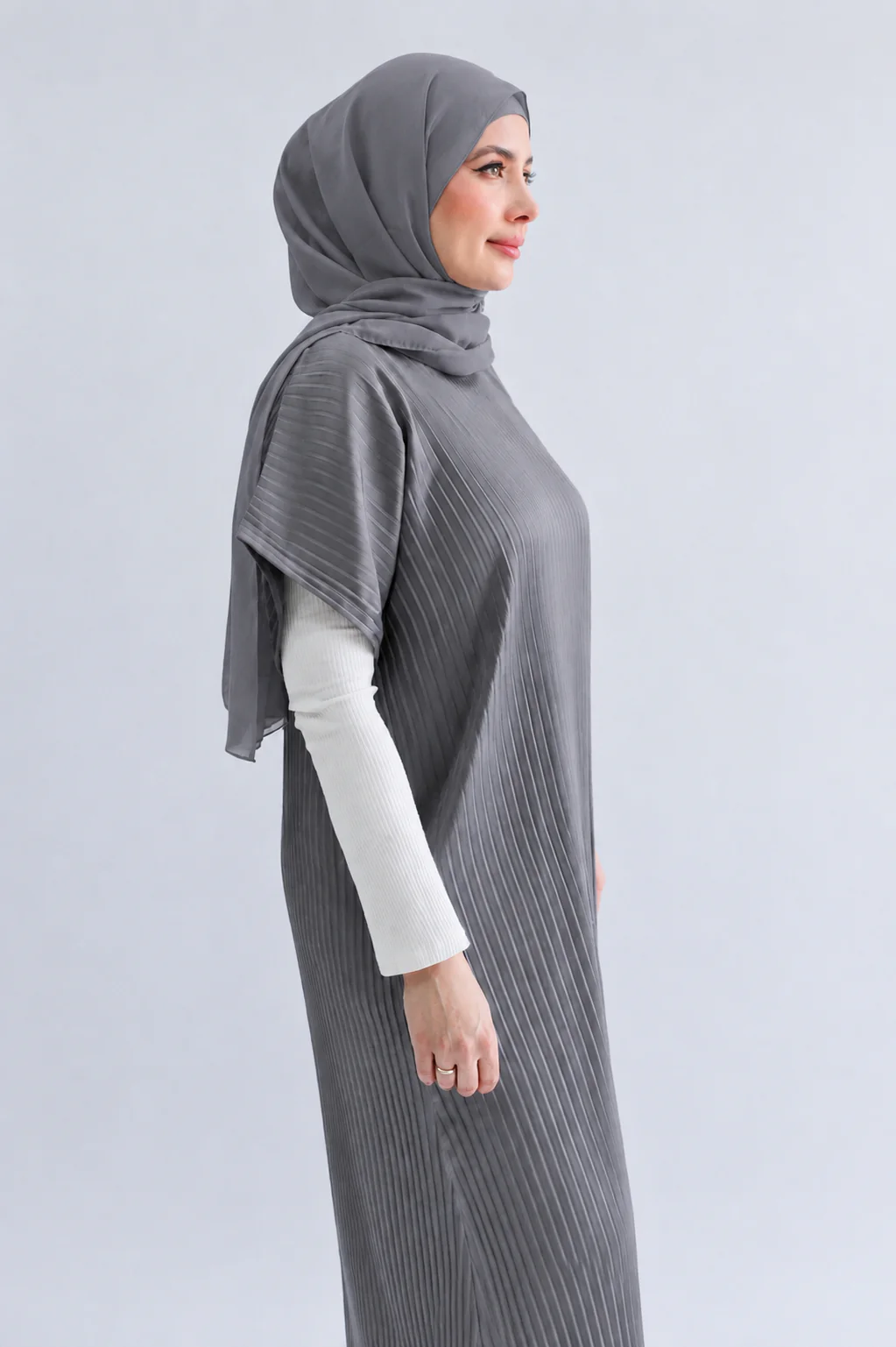Grey Pleated Short Sleeve Dress  - Silky Ripple Satin - Image 2
