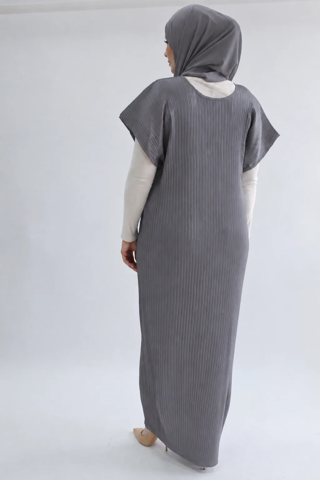 Grey Pleated Short Sleeve Dress  - Silky Ripple Satin - Image 3