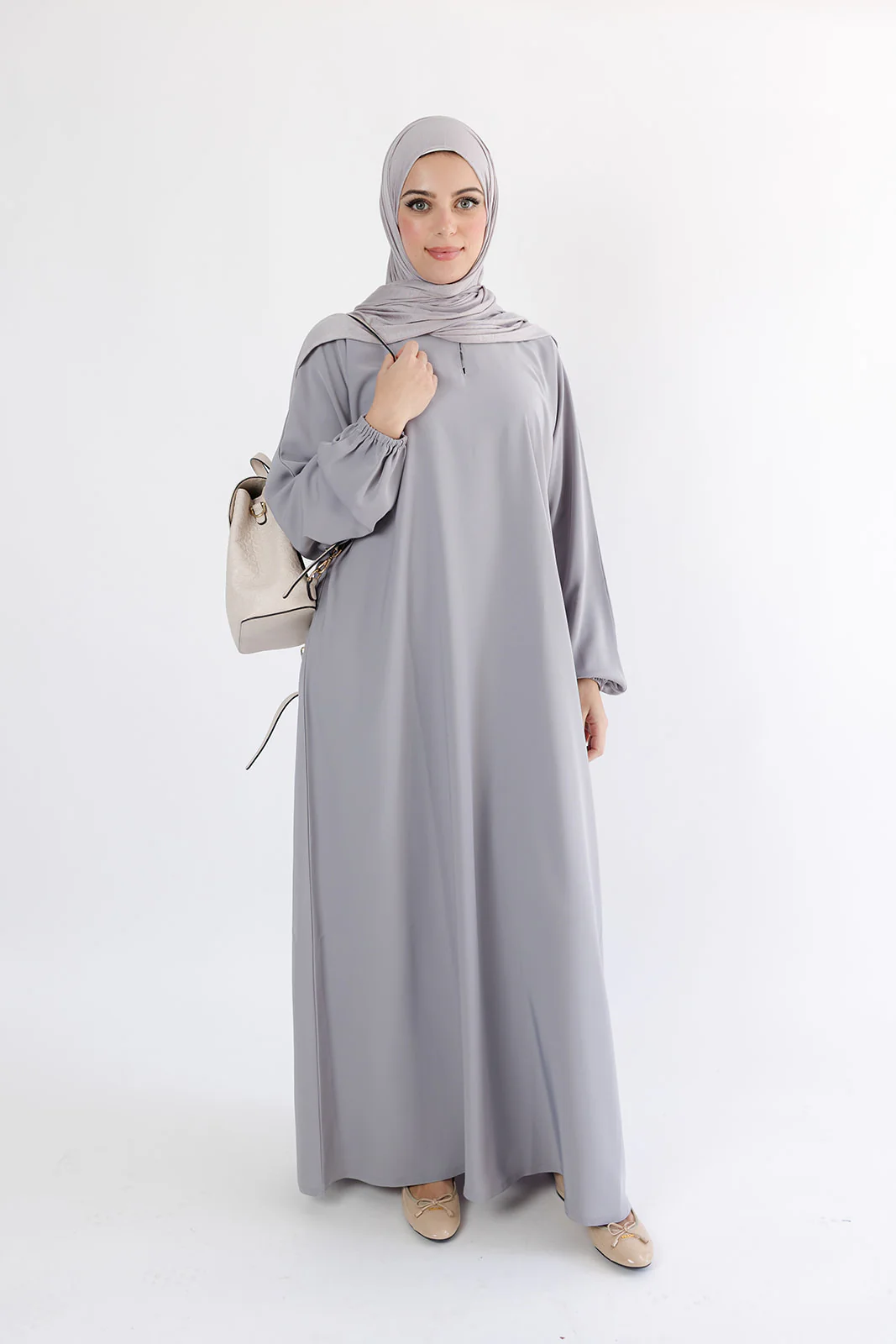 Grey Closed Abaya – Premium Plain Nidha with Pocket and Elastic Sleeves - Image 3