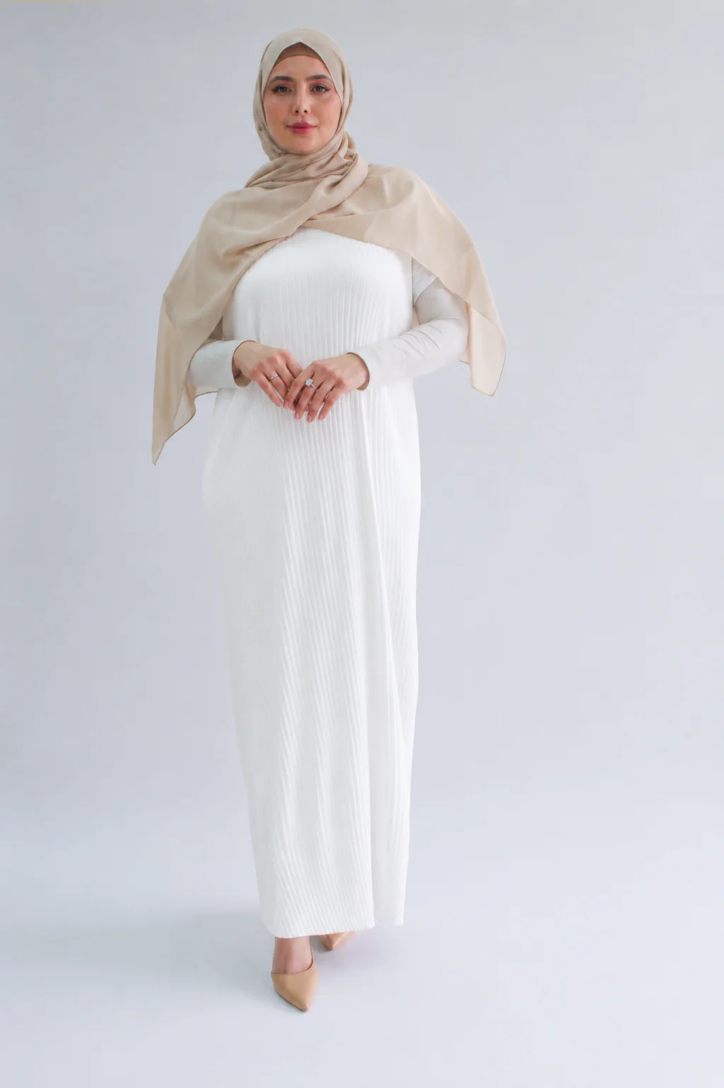 Ivory Pleated Short Sleeve Dress  - Silky Ripple Satin