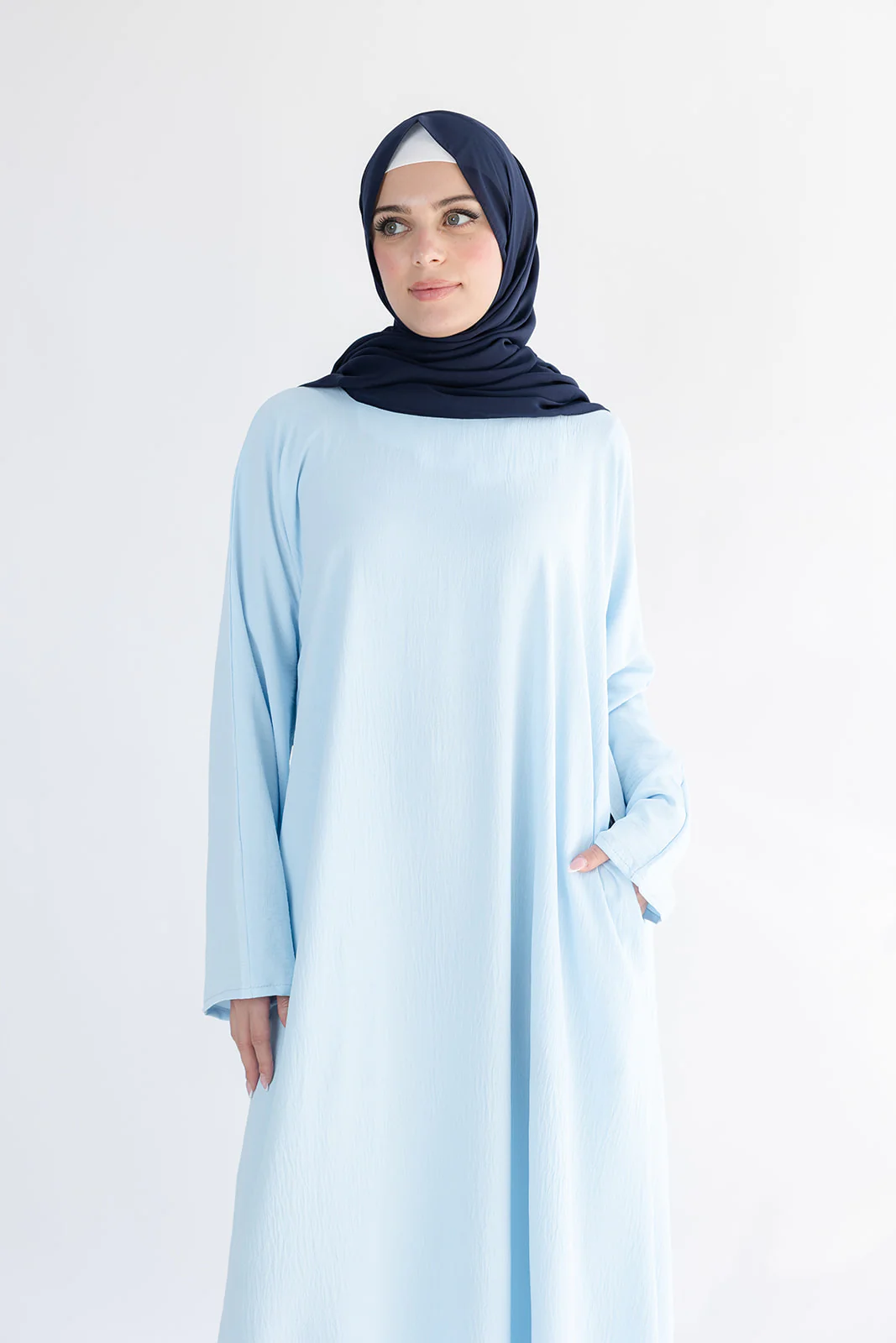 Light Blue Closed Abaya – Crushed Polyester with Pocket - Image 3