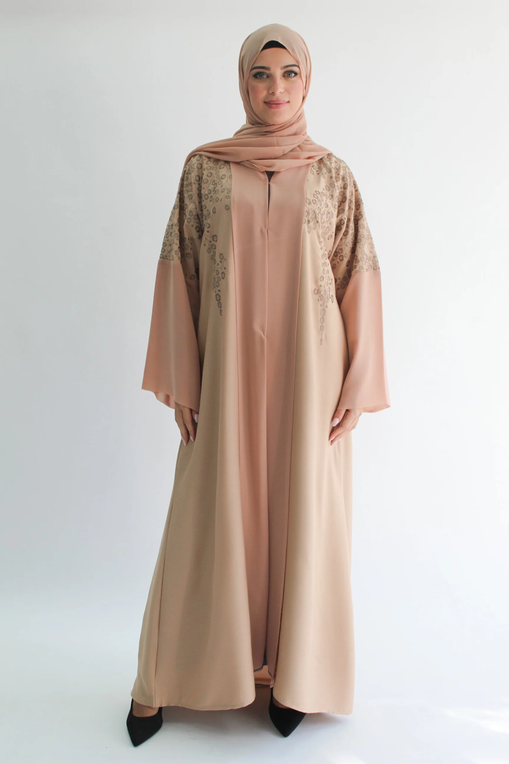 Light Peach Open Abaya - Textured Embroidery with Chiffon Border