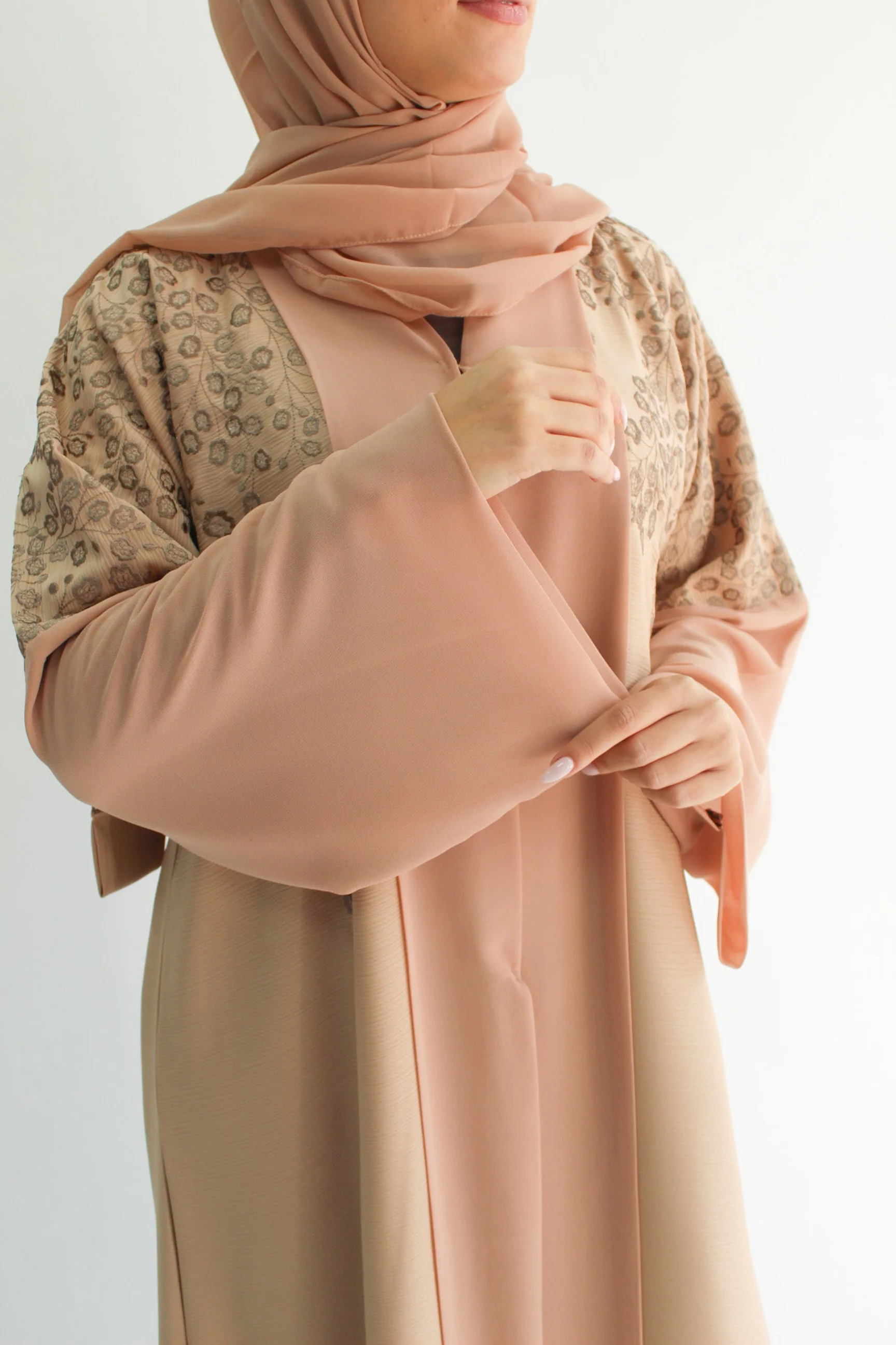 Light Peach Open Abaya - Textured Embroidery with Chiffon Border - Image 2