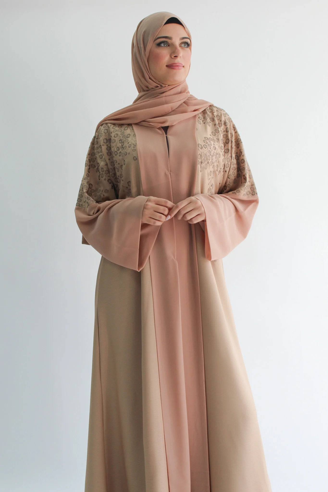 Light Peach Open Abaya - Textured Embroidery with Chiffon Border - Image 3