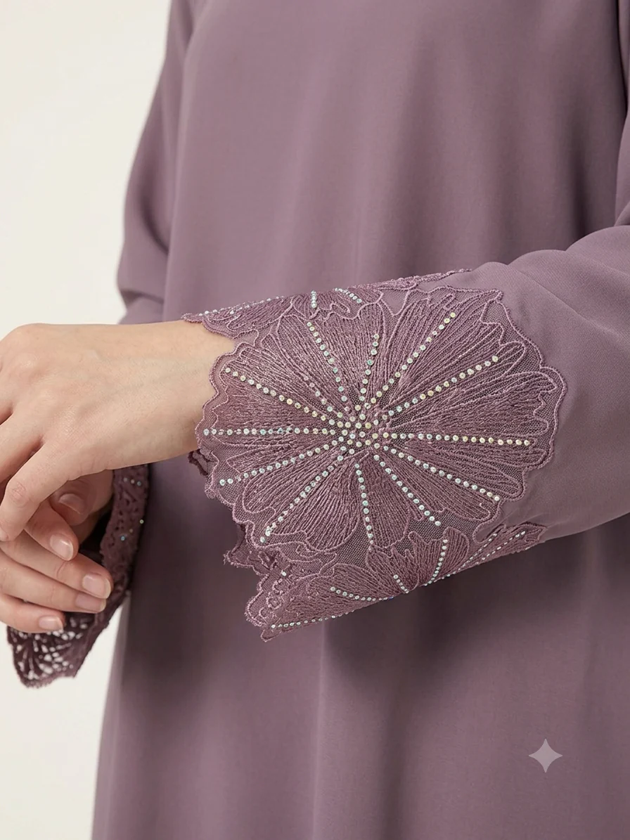 Light Purple Plain Flower Lace Diamante Work Closed Abaya - Image 2
